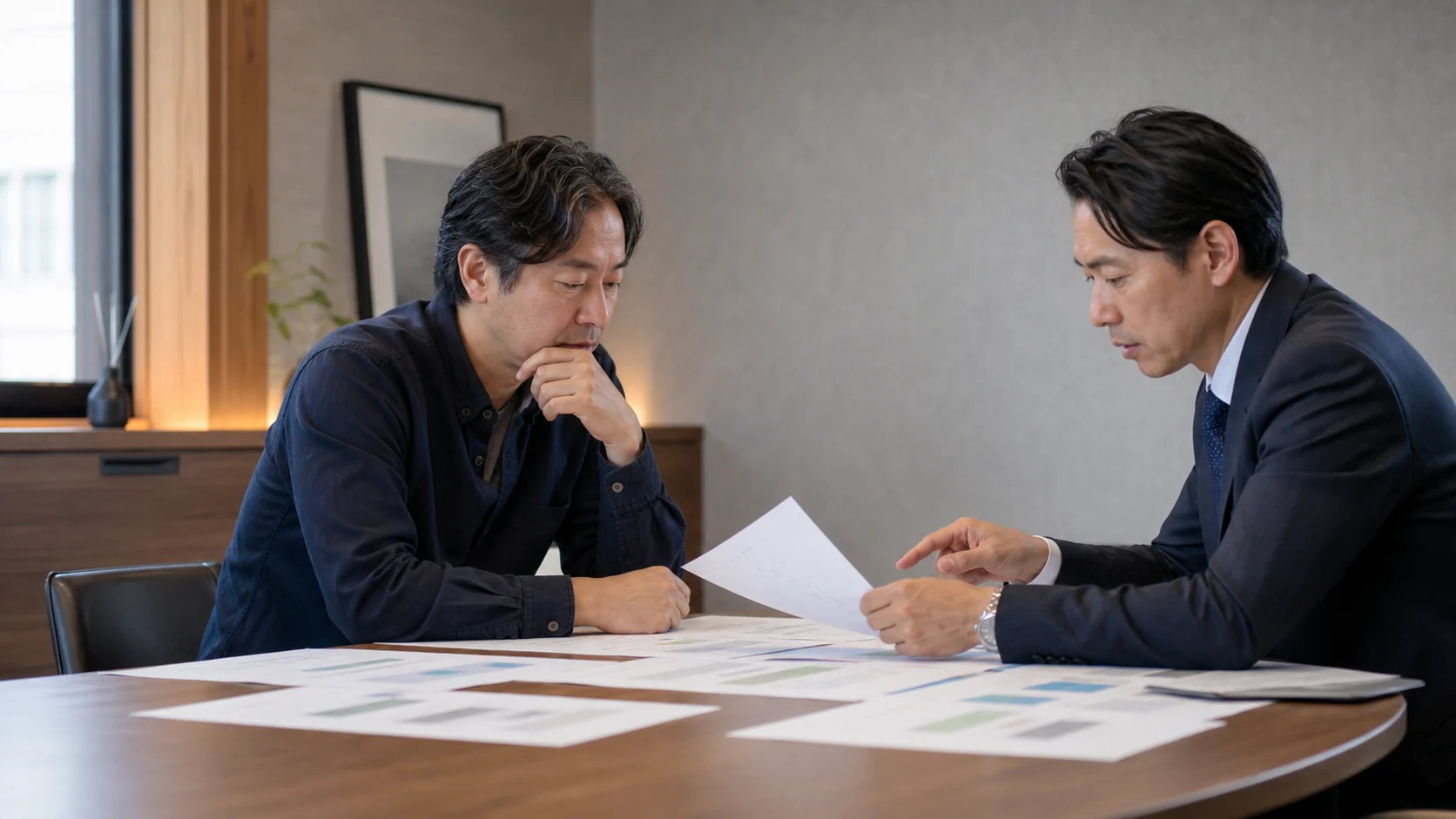 多店舗経営者と資金調達アドバイザーが低売上月の契約負担を比較する会議
