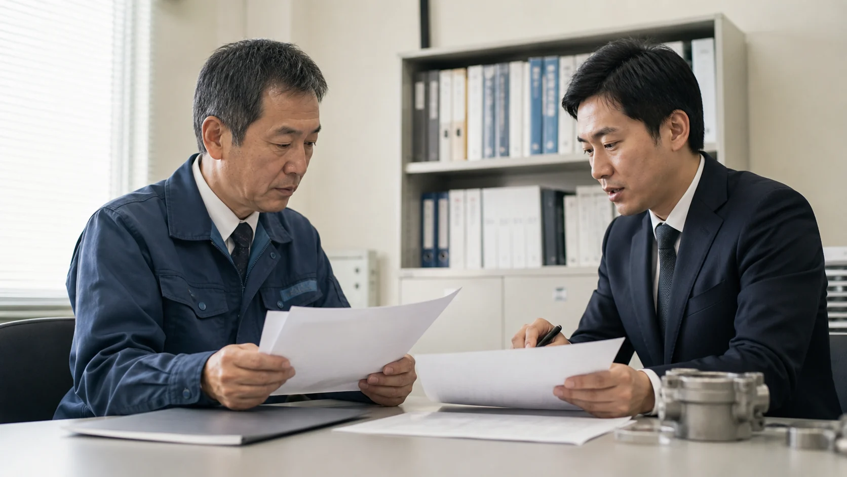 産業機器販売会社経営者と資金調達アドバイザーが代理店経由案件の資金を比較する会議