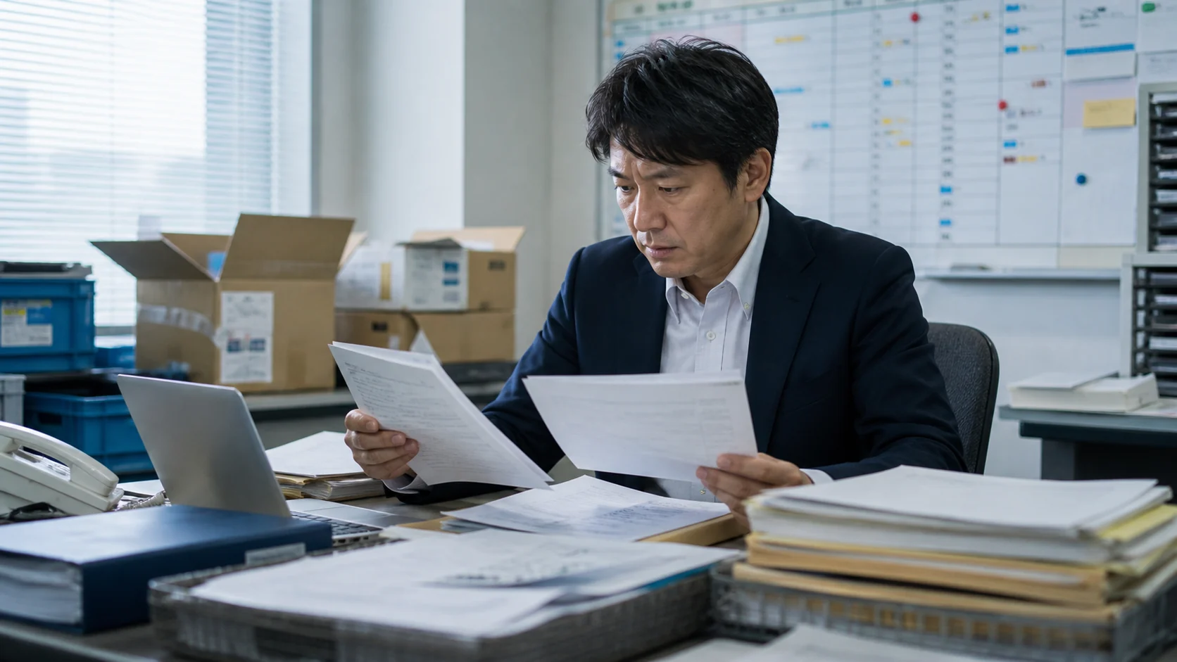 産業機器販売会社の責任者が代理店別の手数料と案件粗利を照合する場面