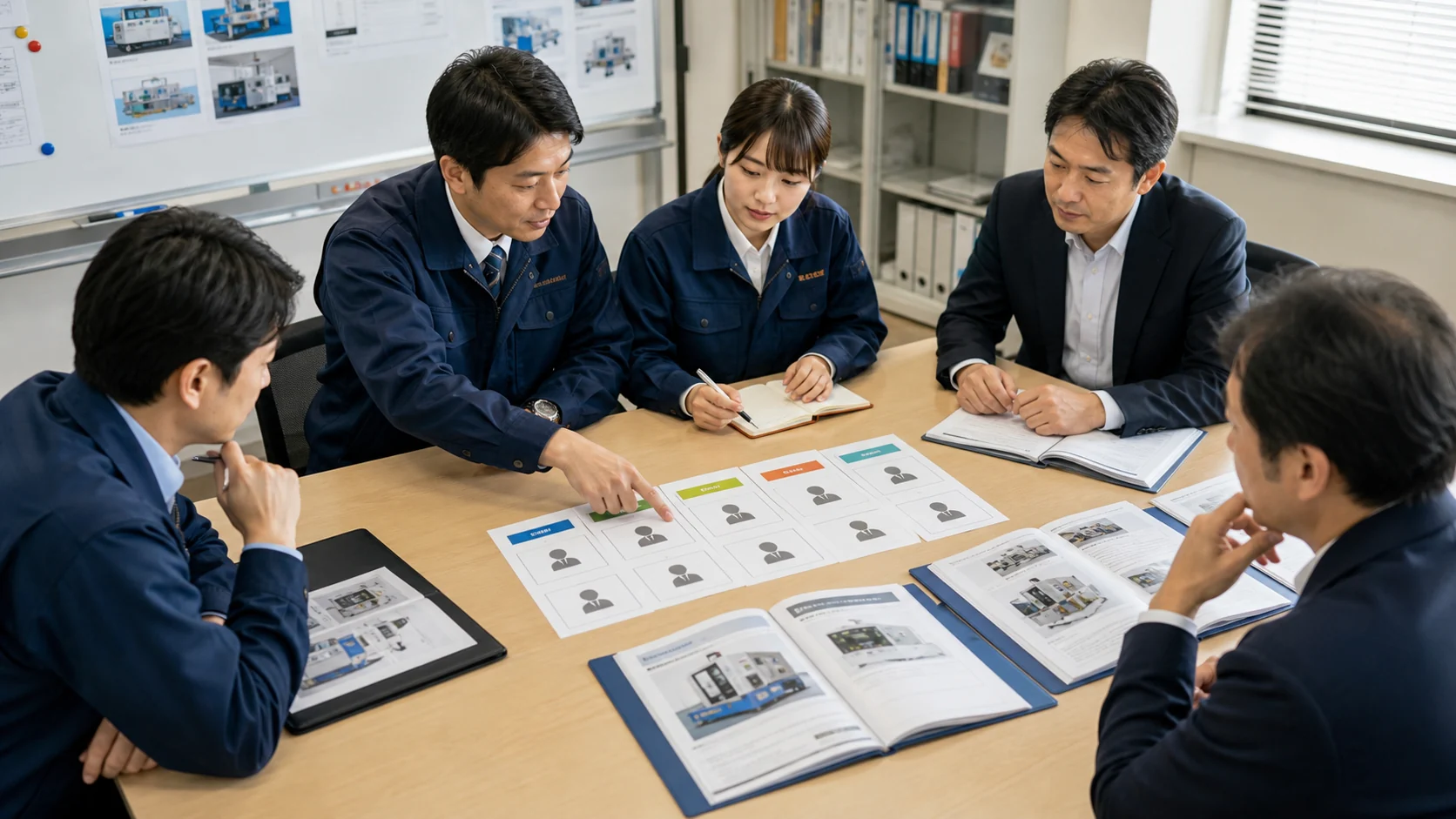 産業機器販売会社の営業会議で代理店と自社営業の役割を整理する場面