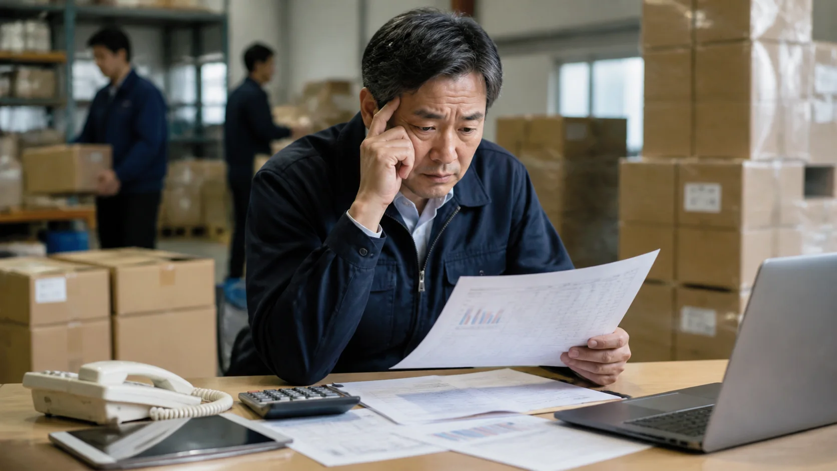 包装資材卸の経営者が倉庫で売上予測と確定受注を確認する場面