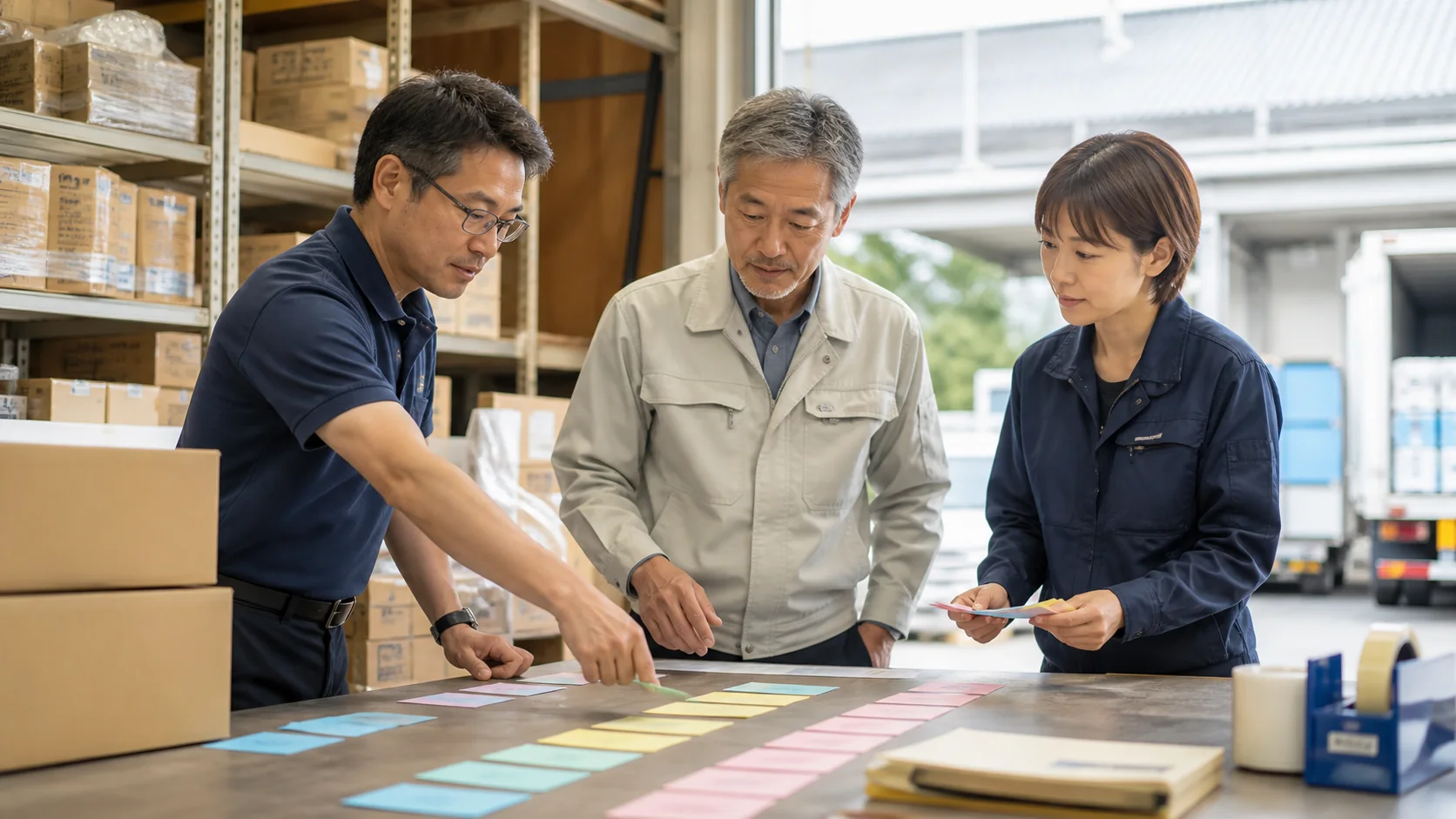 包装資材卸が倉庫で案件確度と納品計画を見直す会議