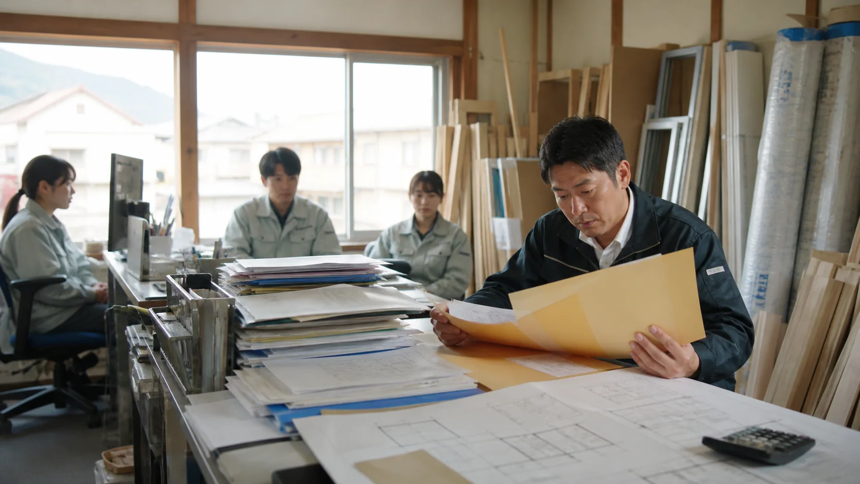 住宅改修会社の経営者が現場別売上と人員配置を確認する場面