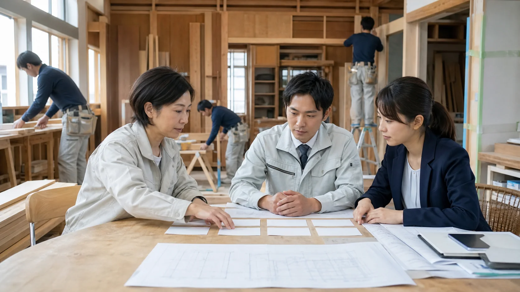 住宅改修会社の経営者と現場責任者が工程別処理能力を見直す会議