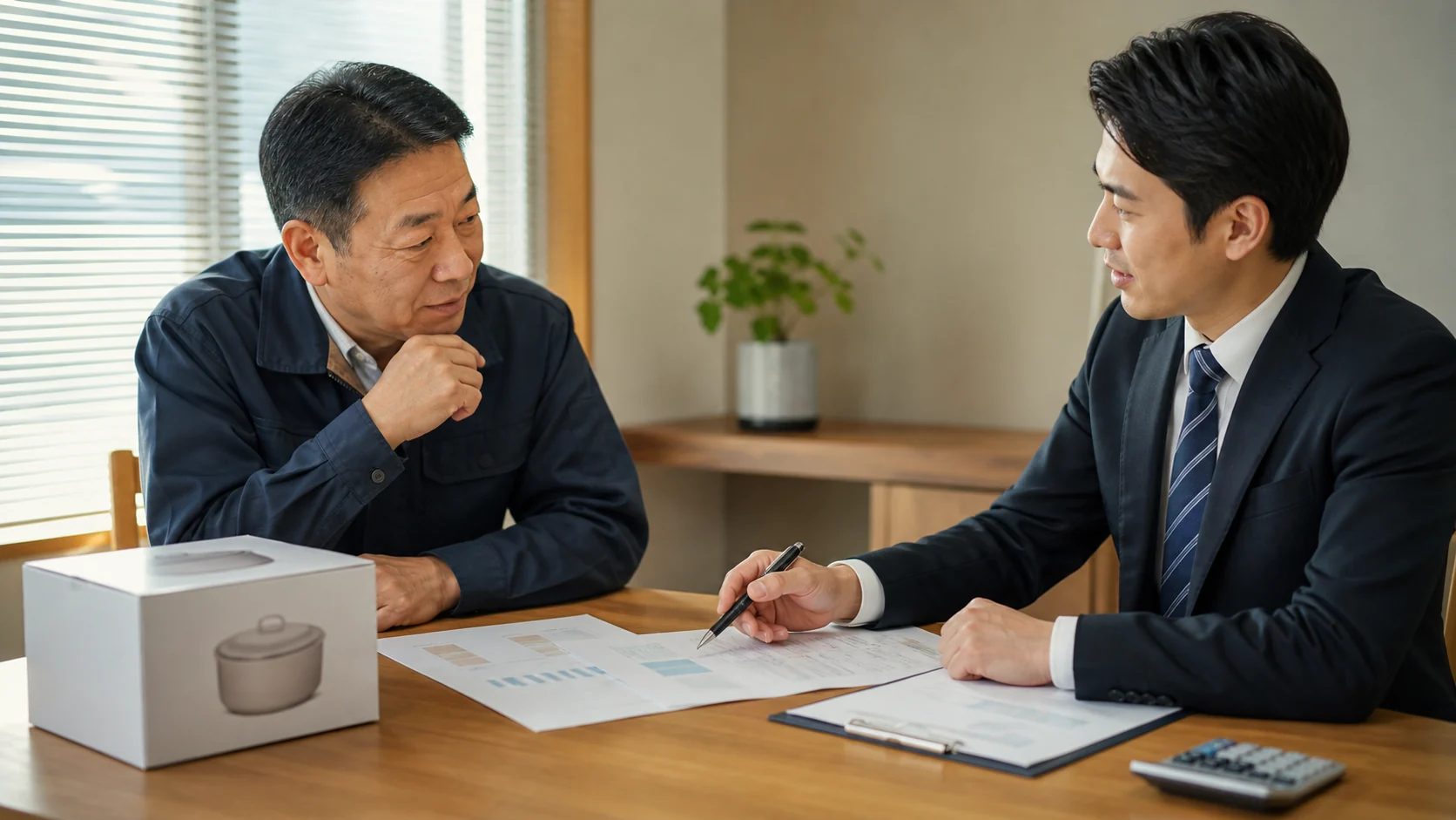 食品卸会社経営者と資金調達アドバイザーが返品返金後の不足額を比較する会議