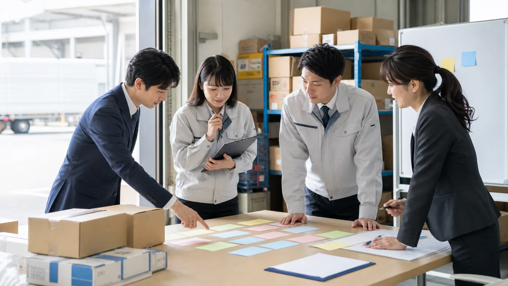 食品卸会社の品質責任者と営業責任者が返品原因と是正期限を整理する会議