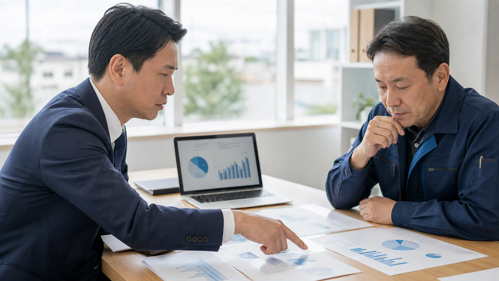 卸売会社の経営者と財務担当者が、保有明細、受渡日、純手取、本業の運転資金を確認する会議