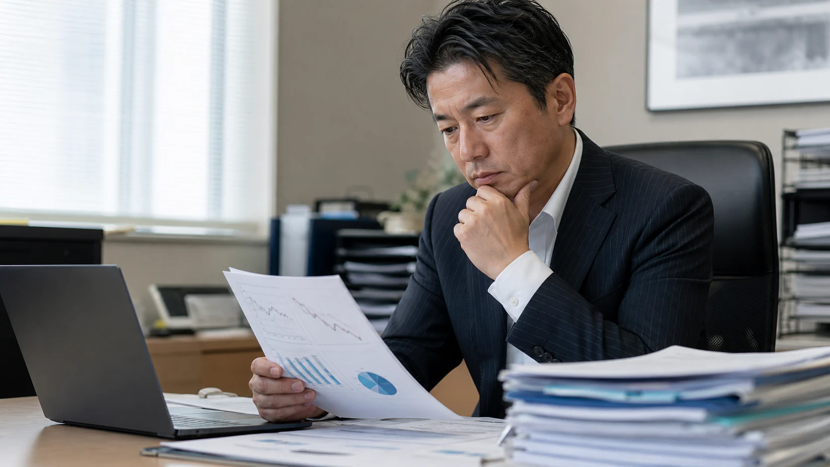 食品卸会社の財務責任者が有価証券の約定資料と受渡日を確認する場面