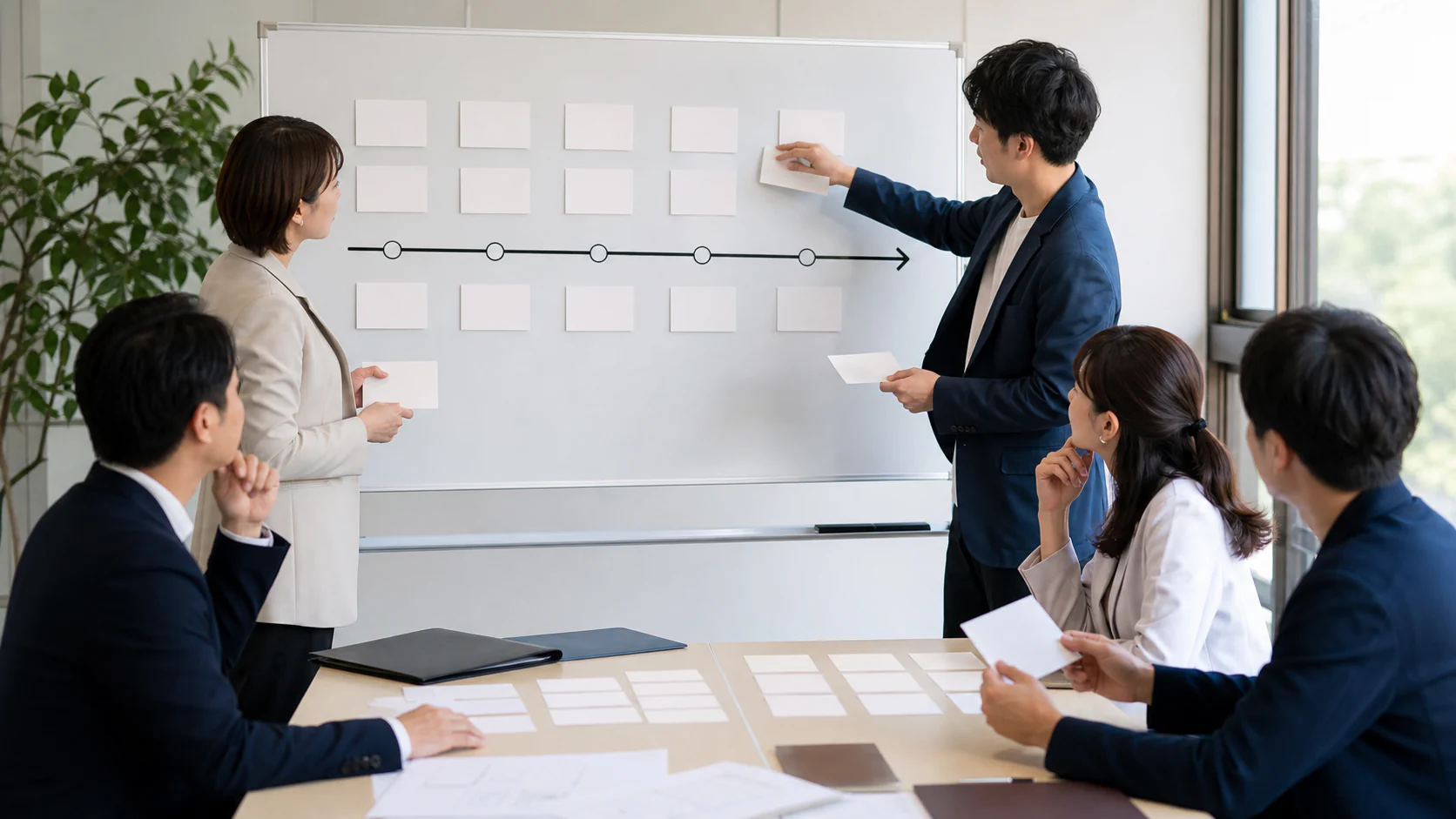 食品卸会社の経営会議で有価証券売却純手取の本業使途を比較する場面