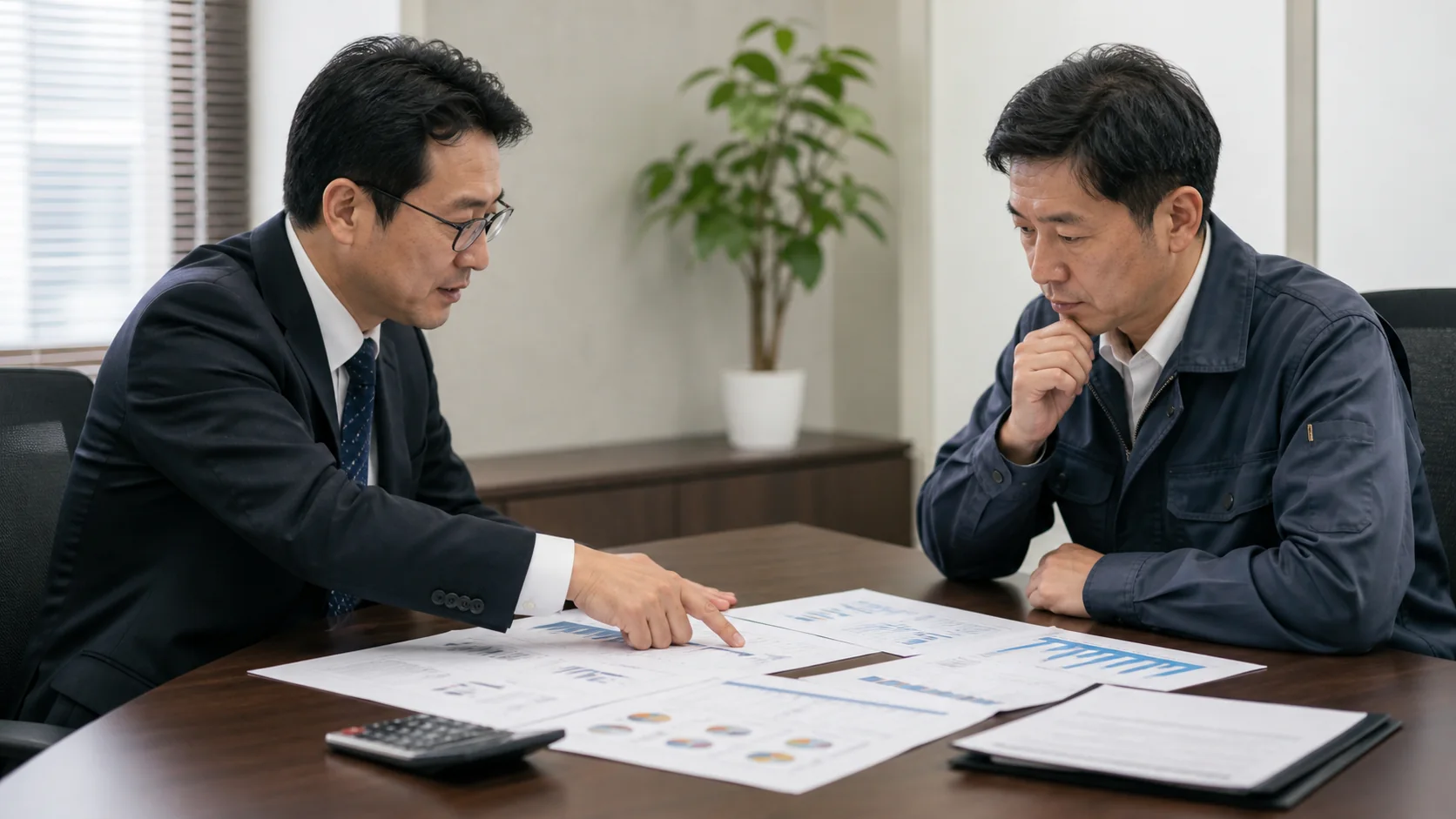 卸売会社経営者と資金調達アドバイザーが有価証券換金後の不足額を比較する会議