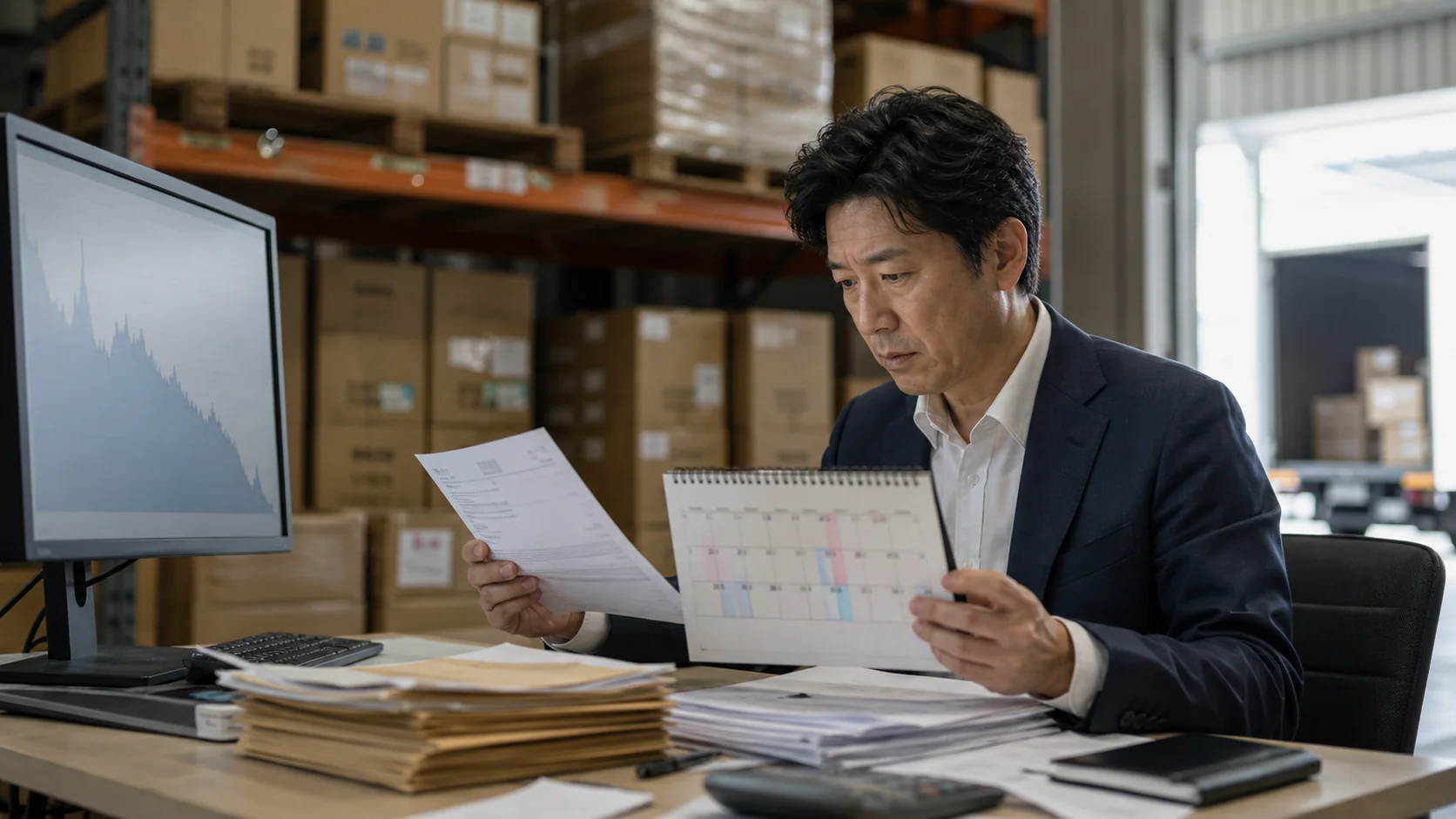 卸売会社の経営者が保有有価証券の明細と資金繰りを確認する場面