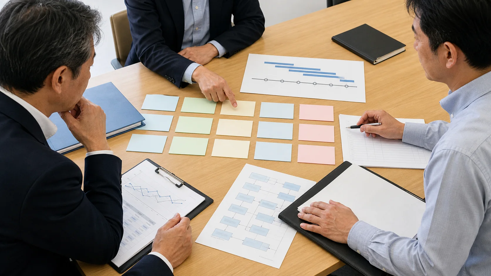 卸売会社の財務会議で有価証券保有と換金シナリオを比較する場面