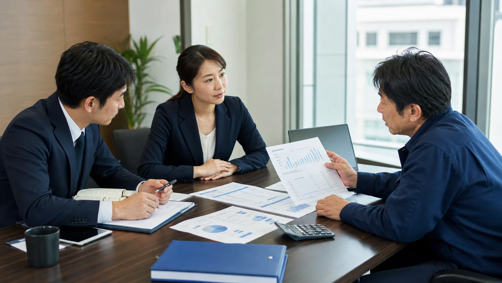 経営者と銀行担当者が短期借入の使途・更新期限・返済原資を確認する会議