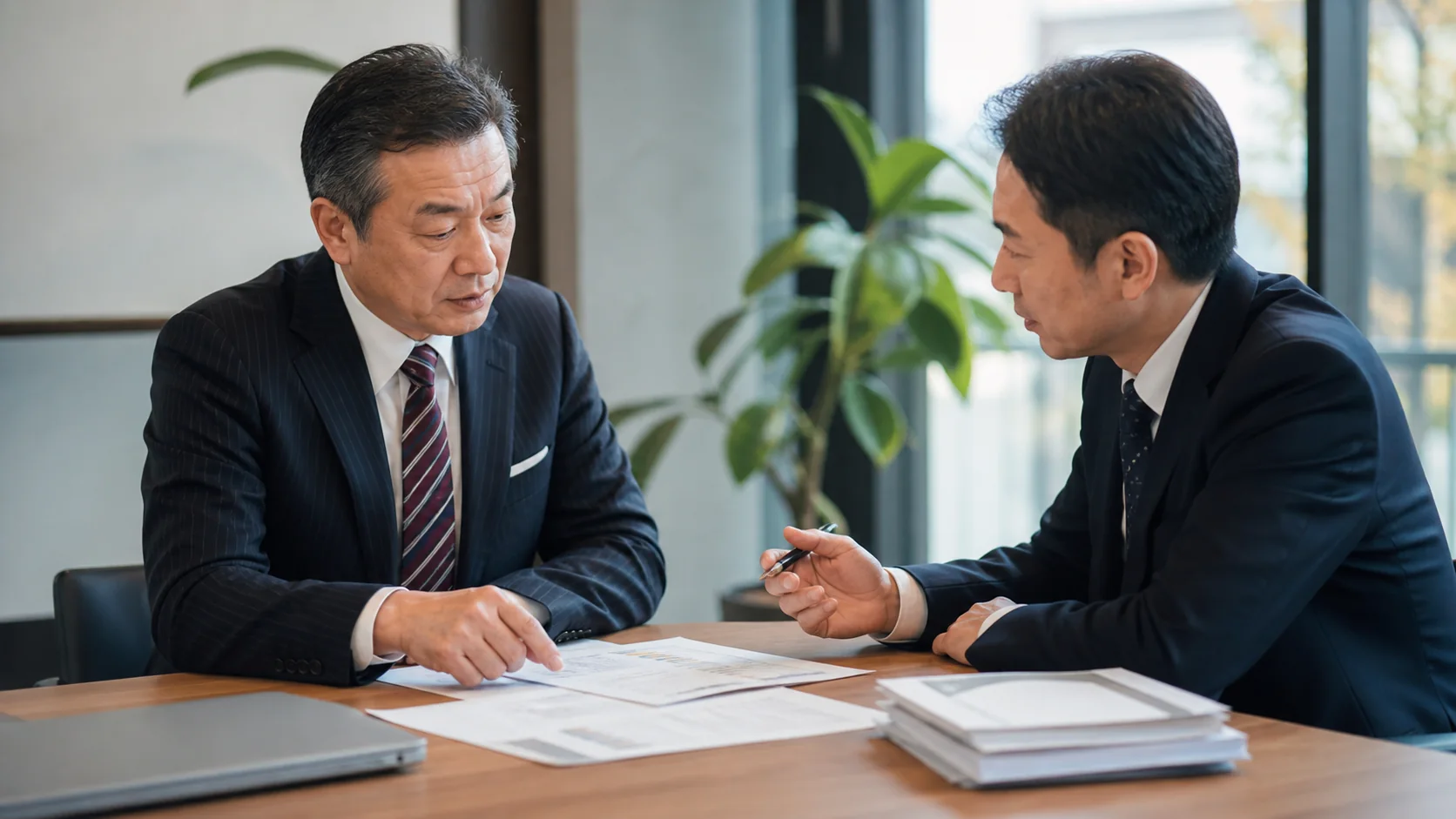 経営者と銀行担当者が相手先別の返済契約と回収日を確認する会議