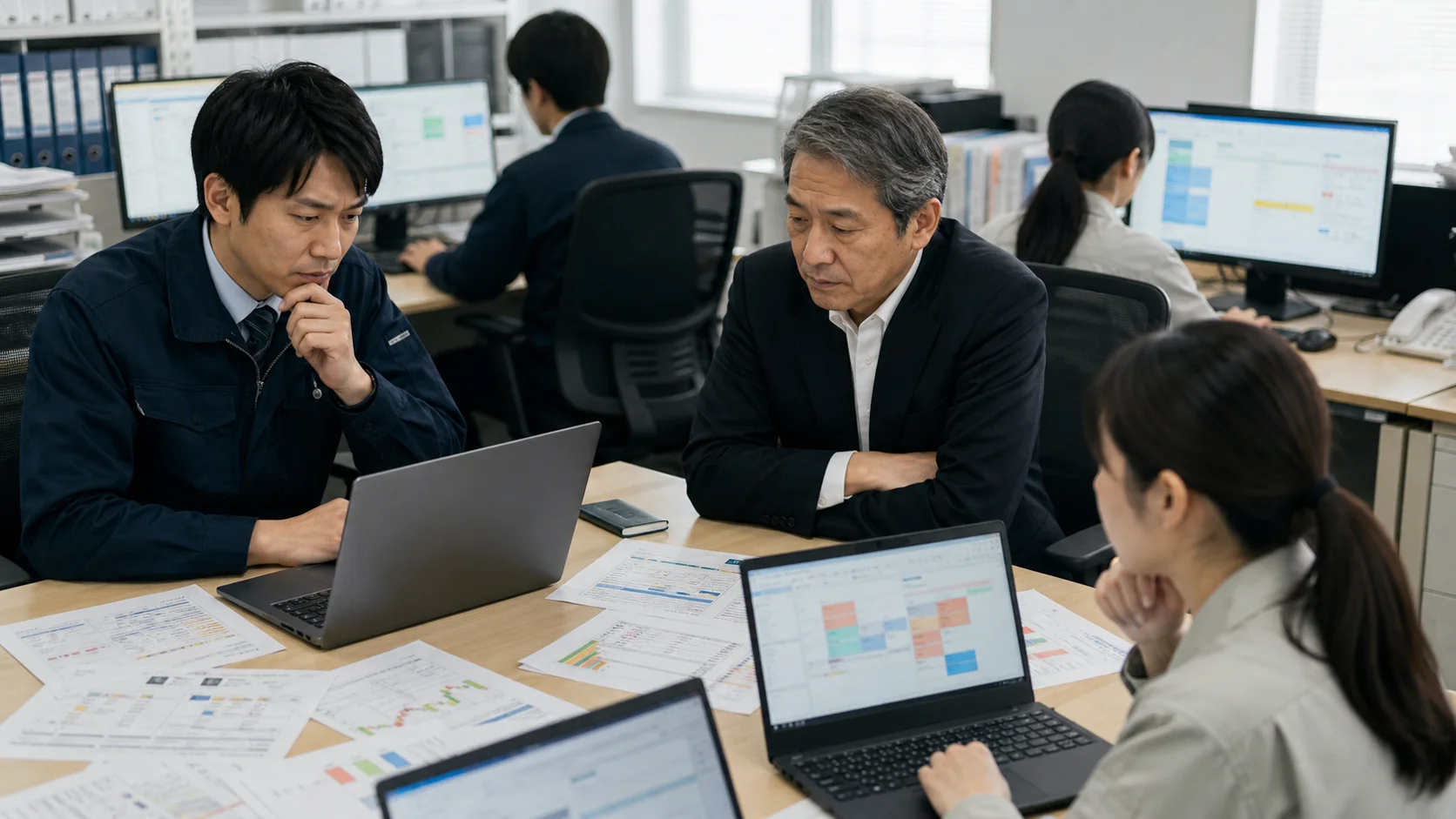 中小企業の担当者がソフトウェア台帳、利用記録、開発契約を照合する場面