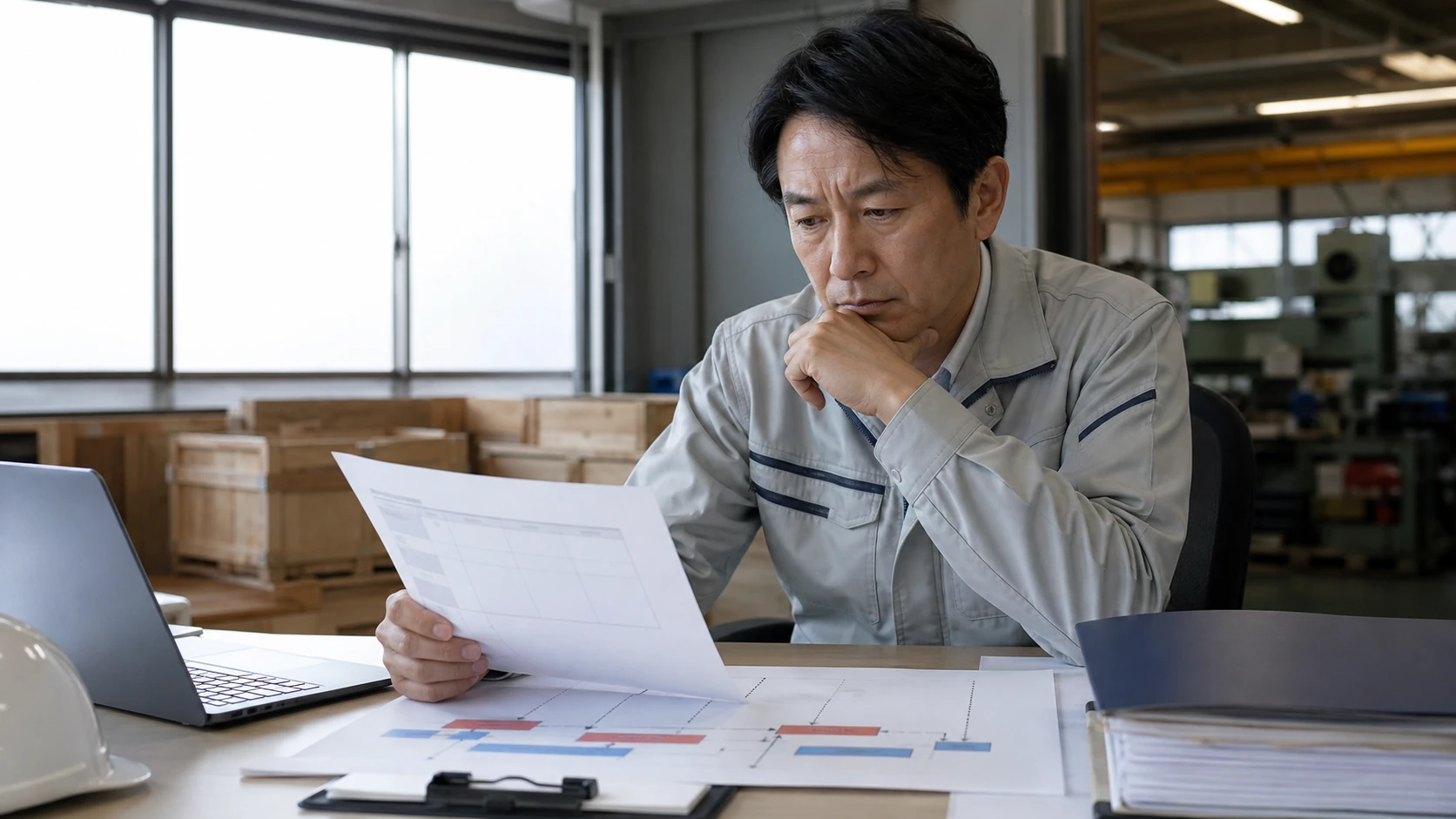 経営者と補助金担当者が交付決定、対象支出、実績報告、入金予定を照合する場面
