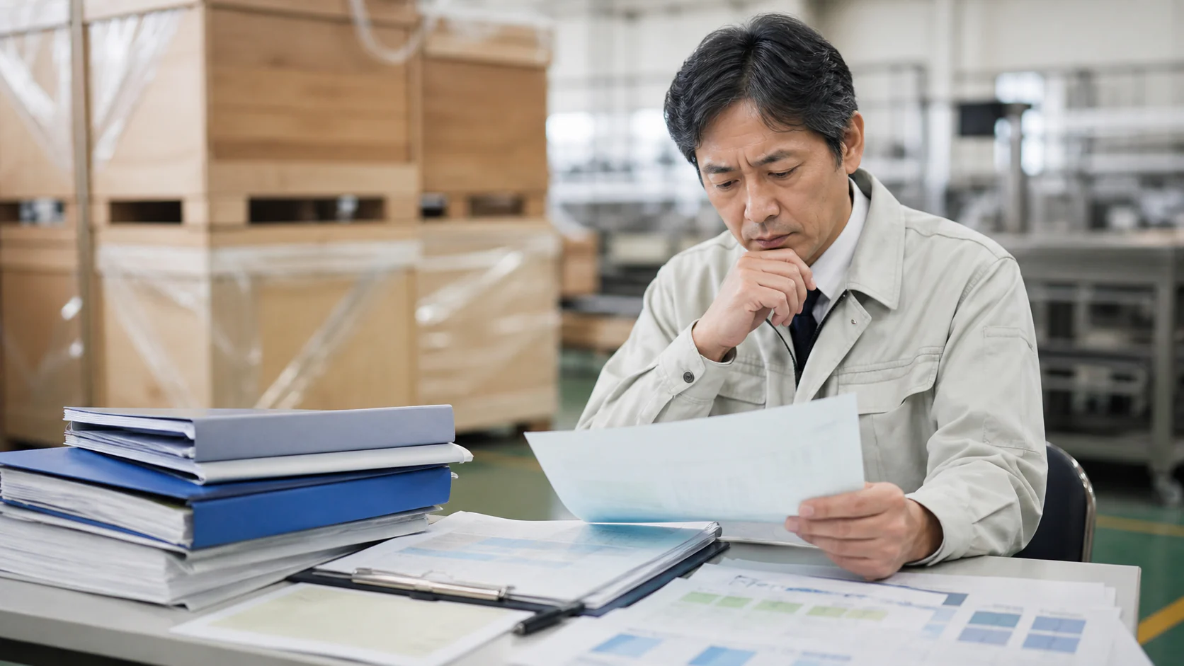 食品工場の経理担当者が補助対象設備の請求書と交付条件を照合する場面