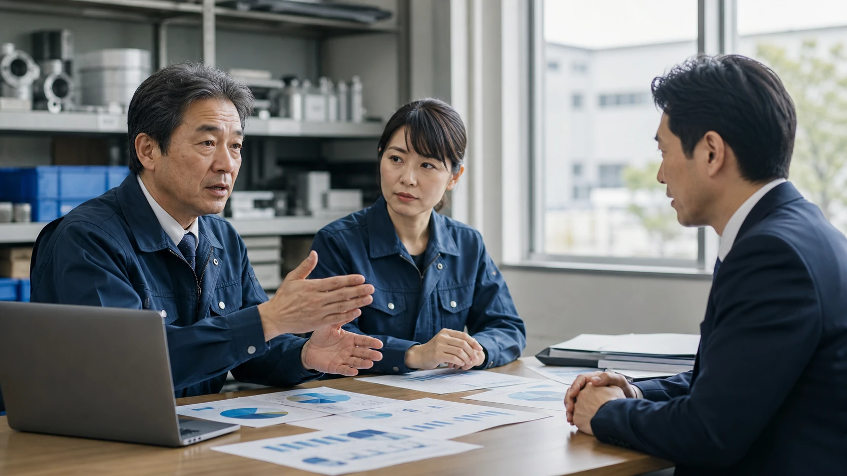 経営者・購買・製造・財務・銀行担当者が集中と代替調達を確認する会議