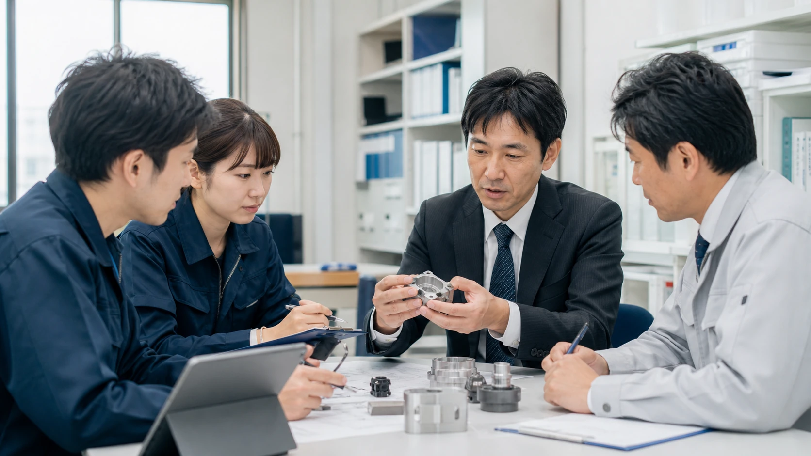 購買と製造担当者が代替仕入先の試作・承認・量産日程を確認する場面