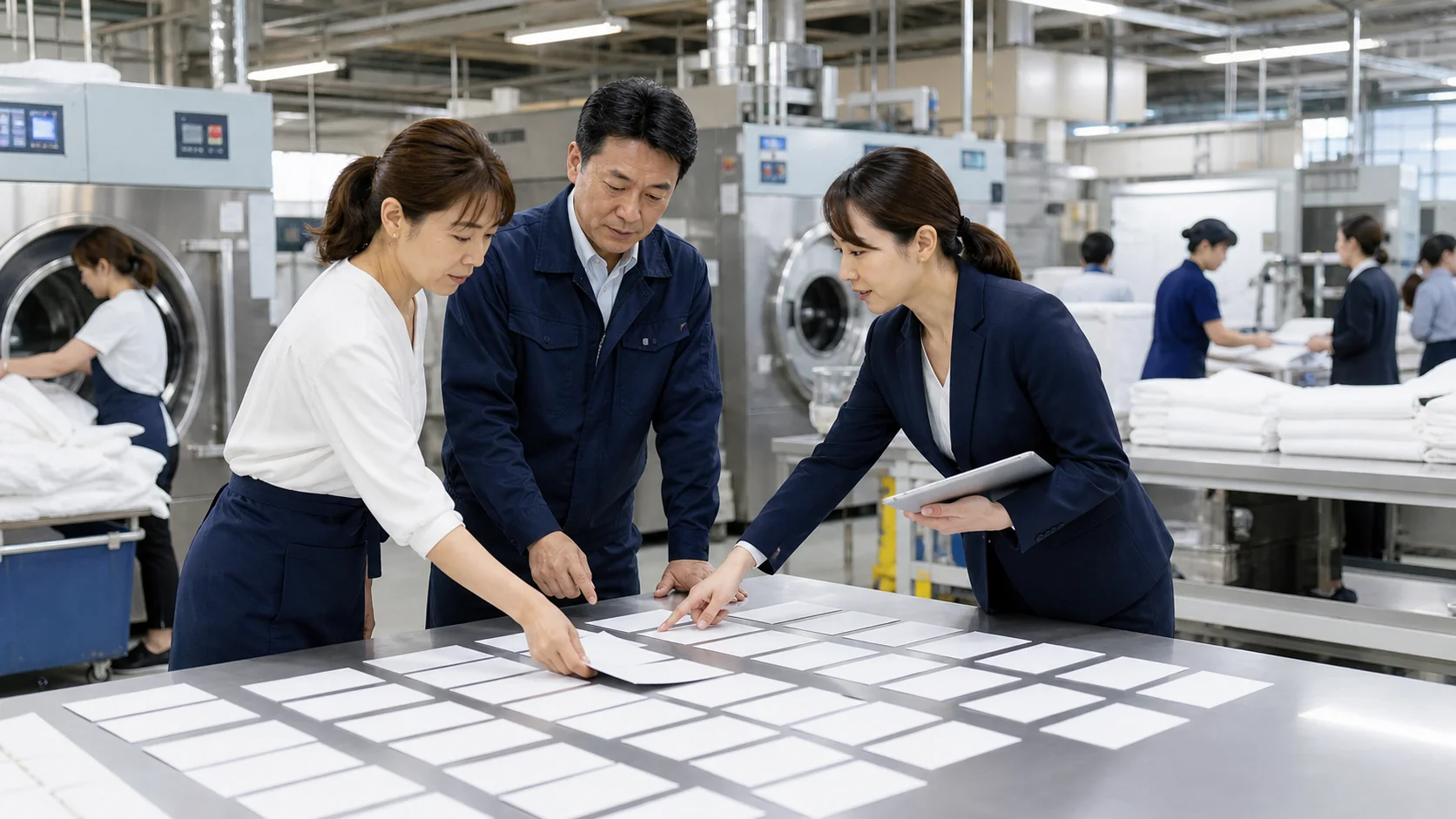 産業用クリーニング会社の経営者と工場責任者が設備投資効果を確認する会議