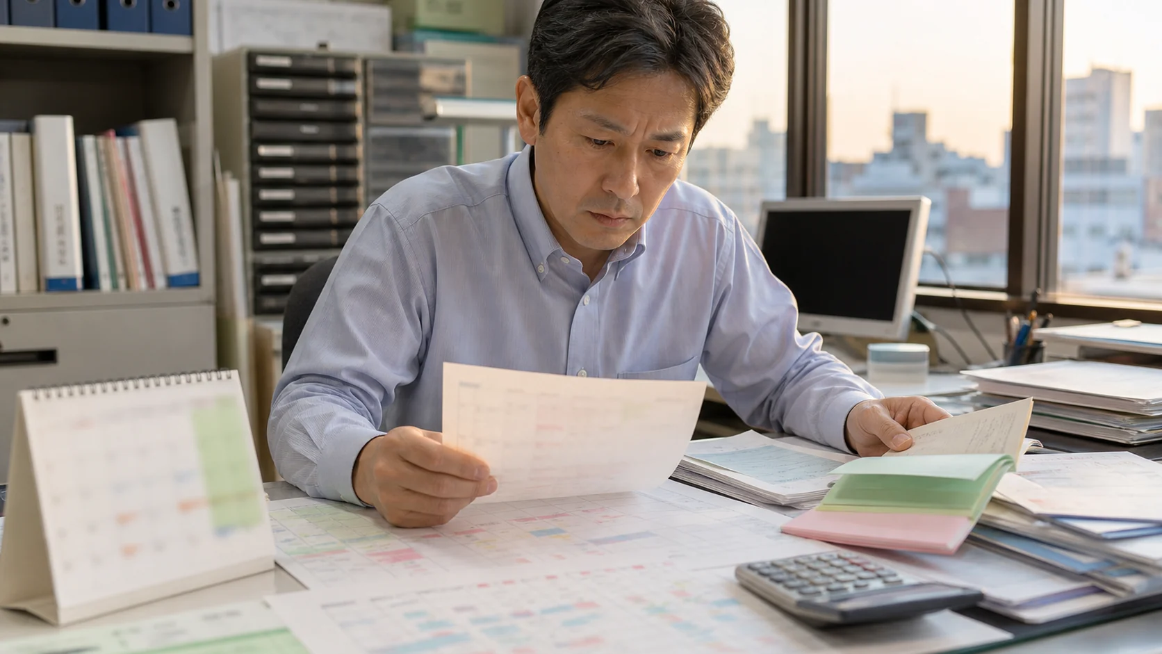 不動産管理会社の経営者が納税通知書と年間納付カレンダーを照合する場面