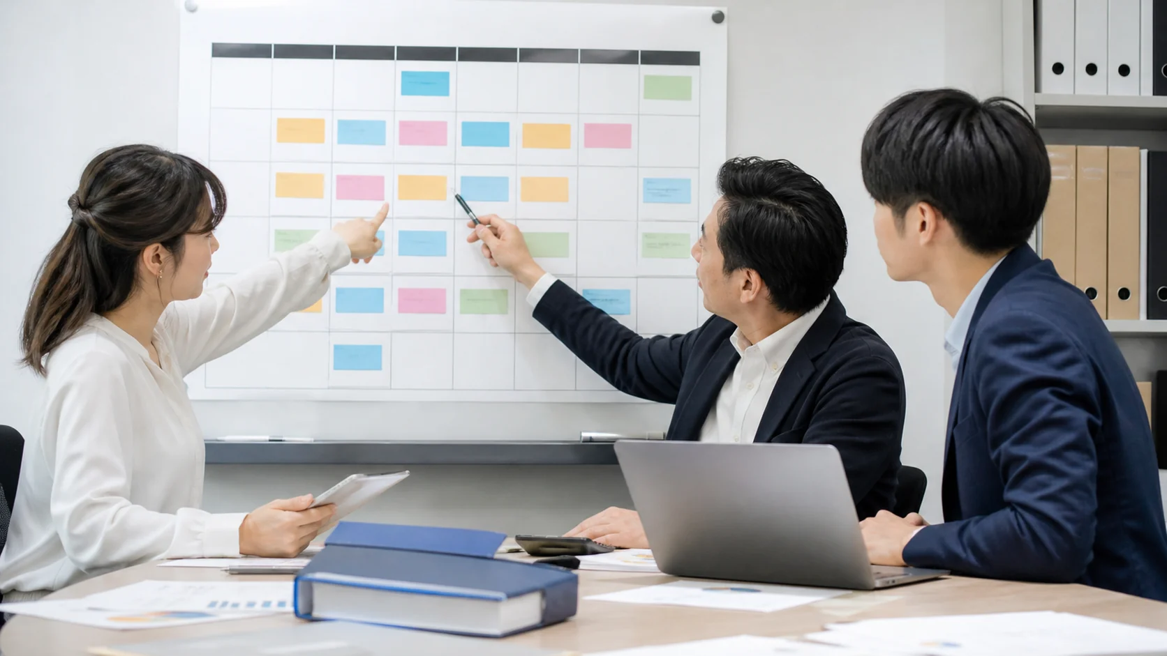 経理チームが税目別の納付予定と月次積立額を整理する会議