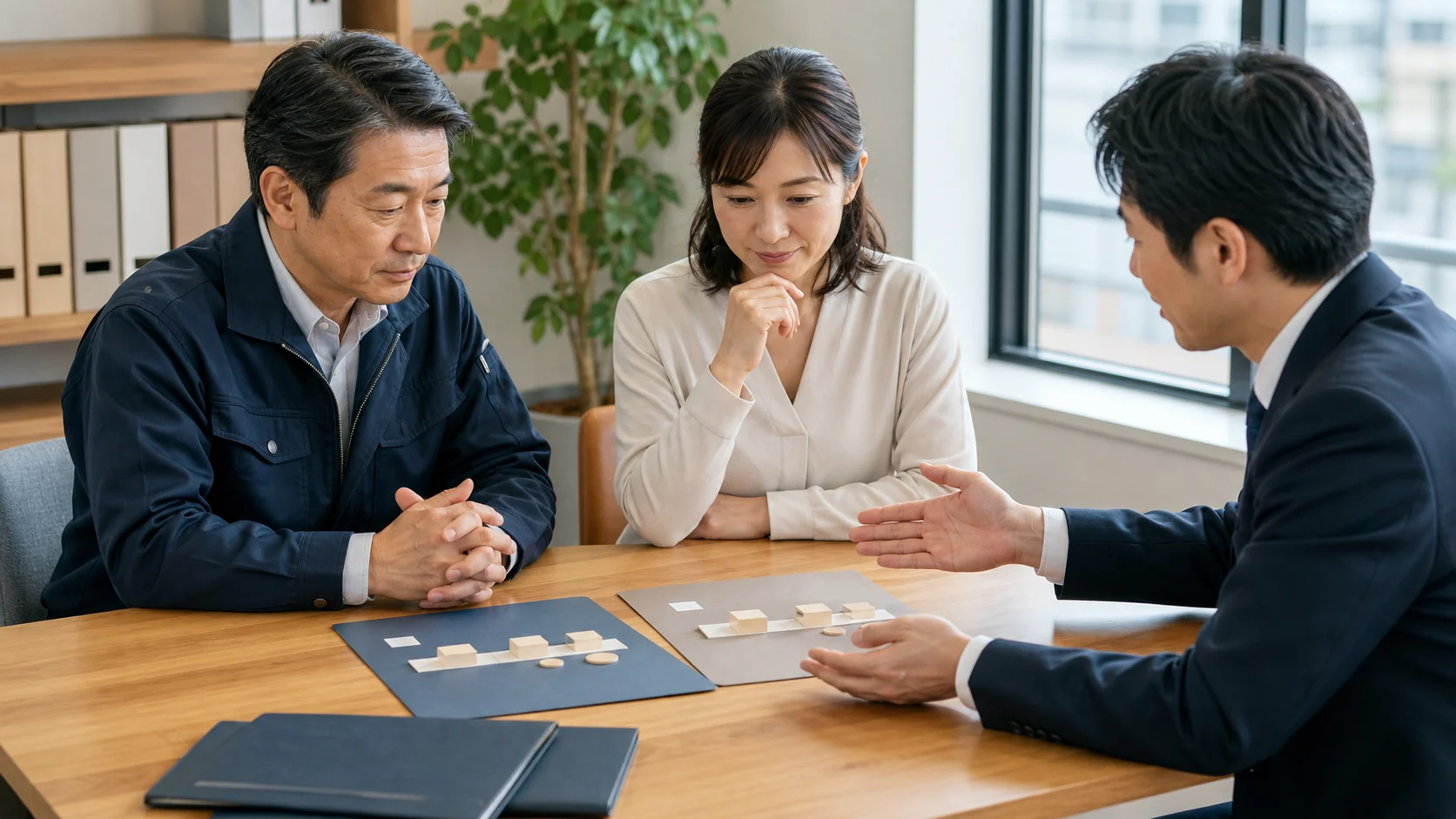 経営者と財務担当者が銀行担当者から複数の融資条件を確認する会議