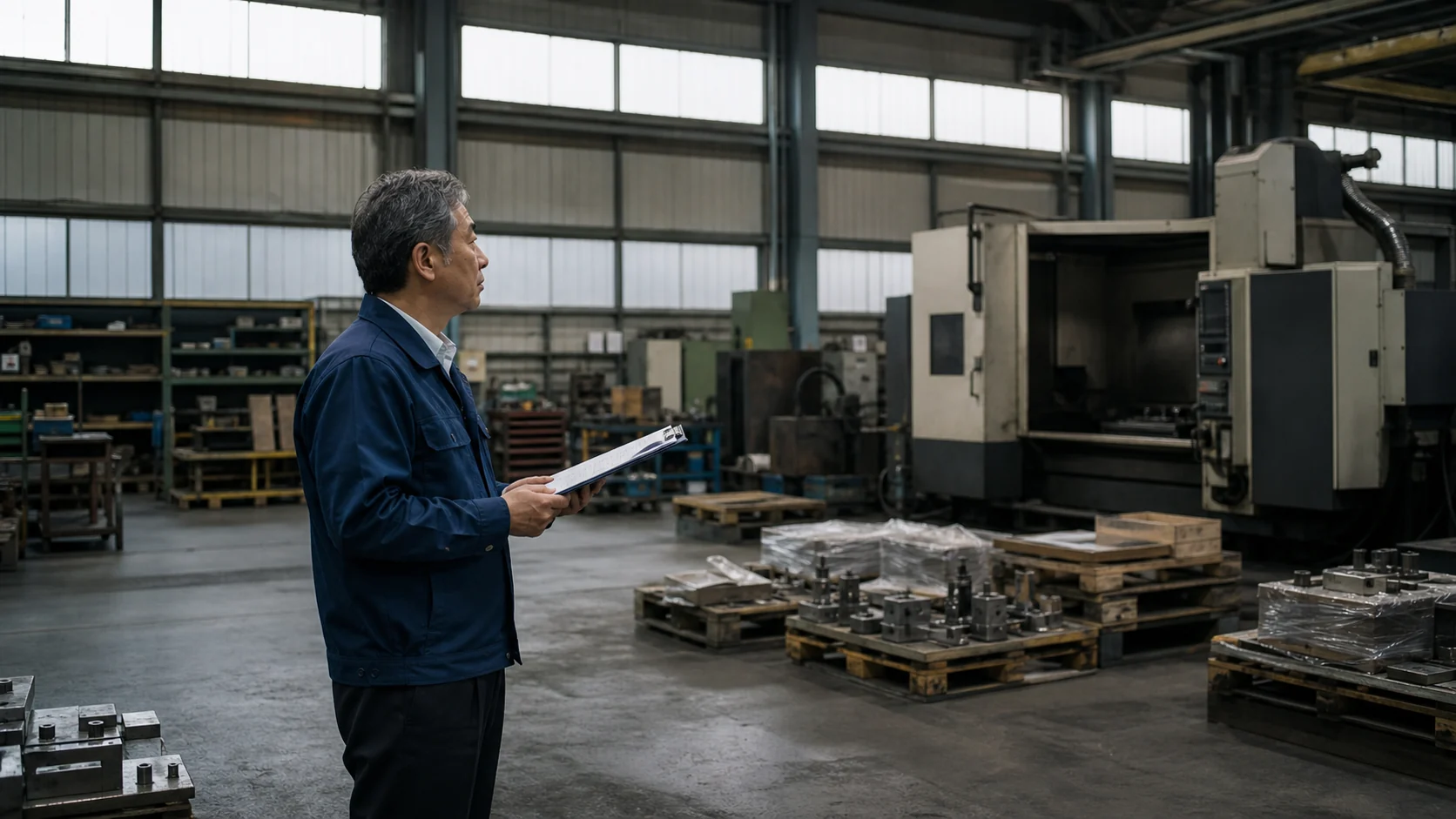 製造会社の経営者が低稼働設備・滞留在庫・回収待ち売掛金を確認する場面