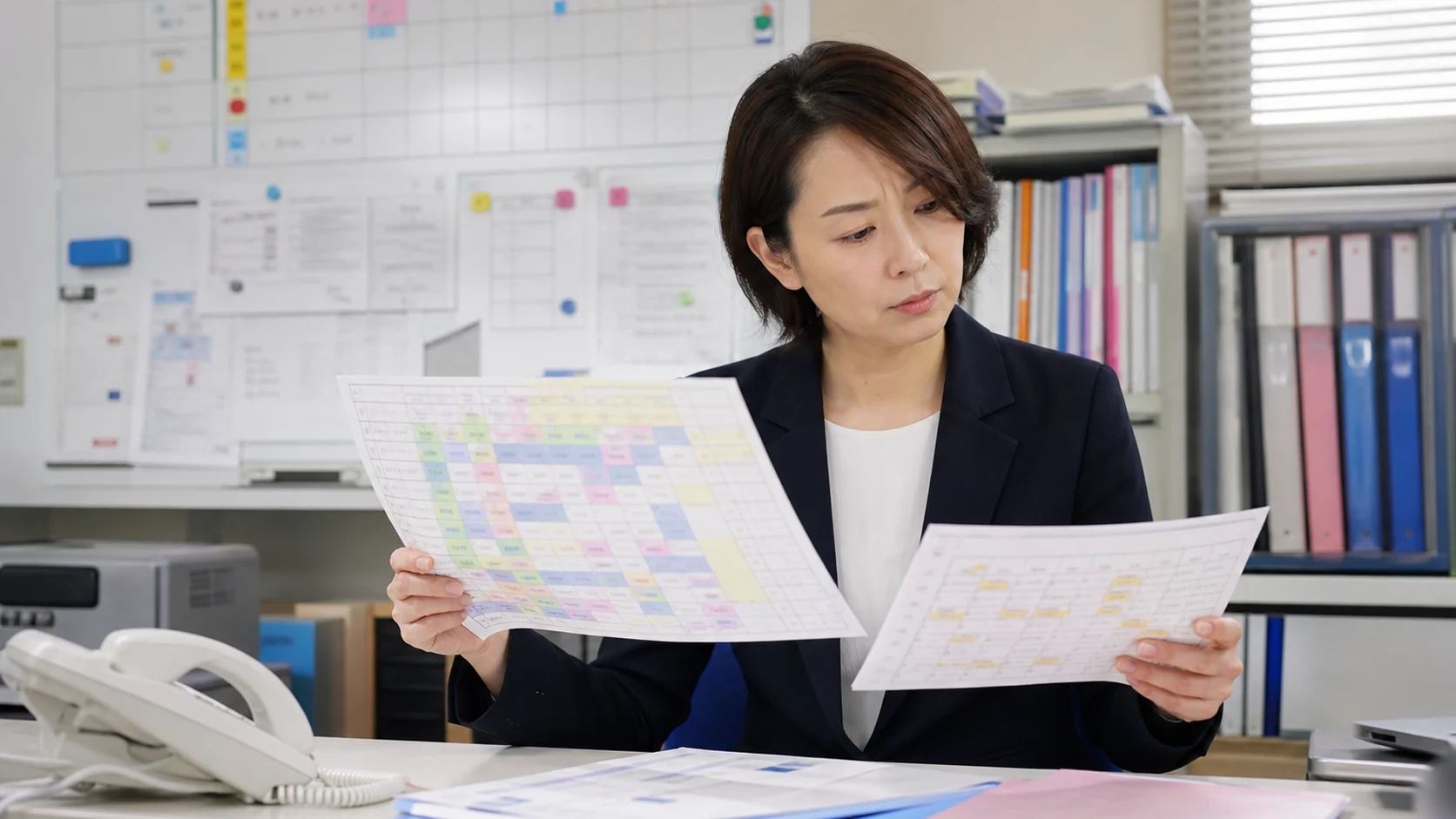 介護事業会社の研修責任者が受講計画とシフト表を照合する場面