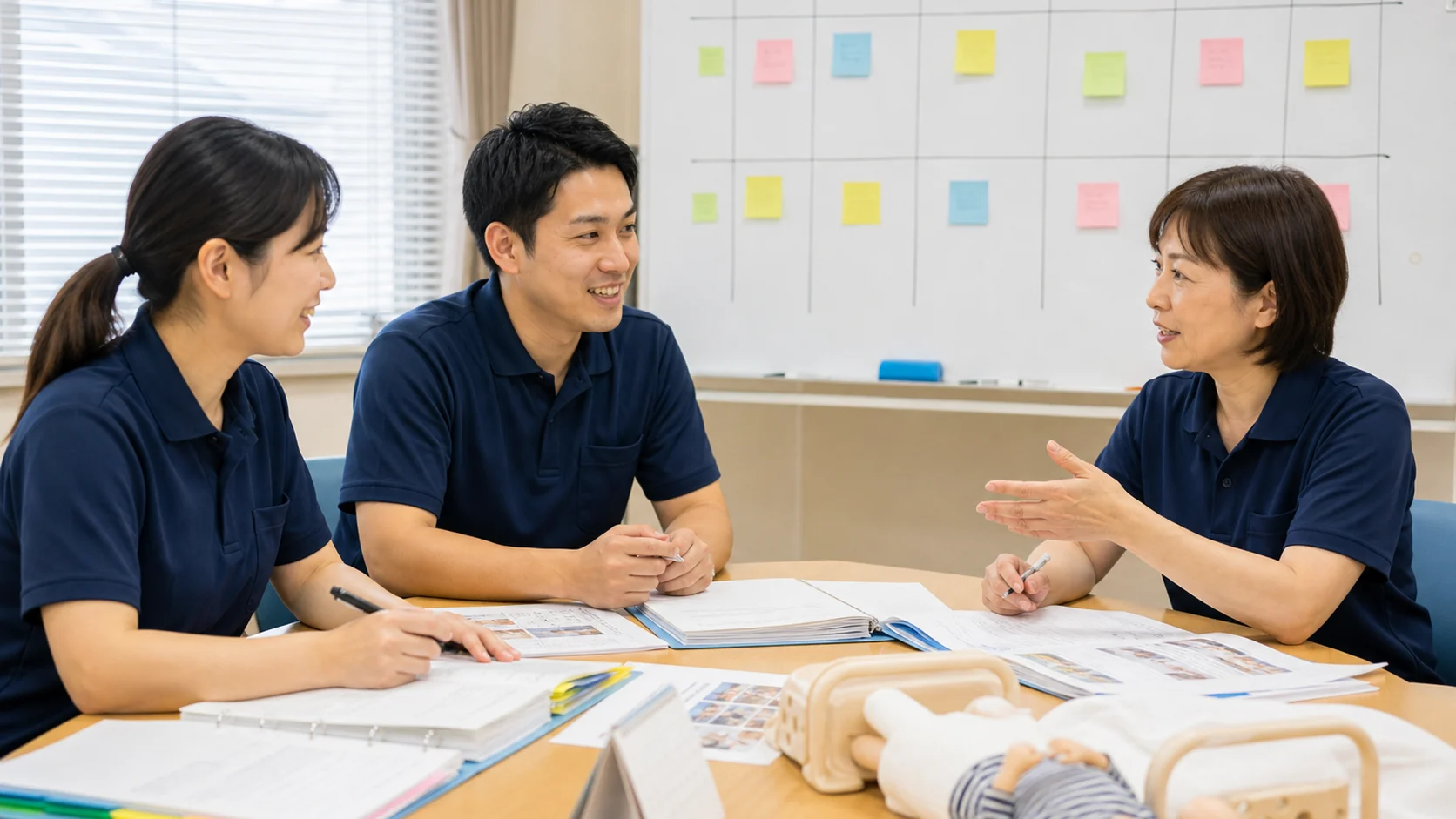 介護事業会社のチームが研修後の業務改善指標を設定する会議