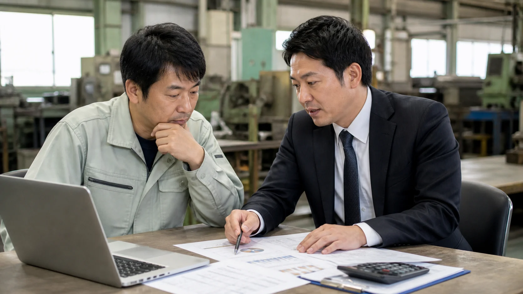 法人営業会社経営者と資金調達アドバイザーが出張後貢献額を比較する会議