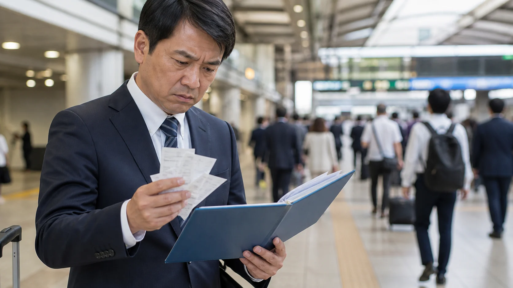 製造会社の営業責任者が駅で出張精算書類と領収書を確認する場面