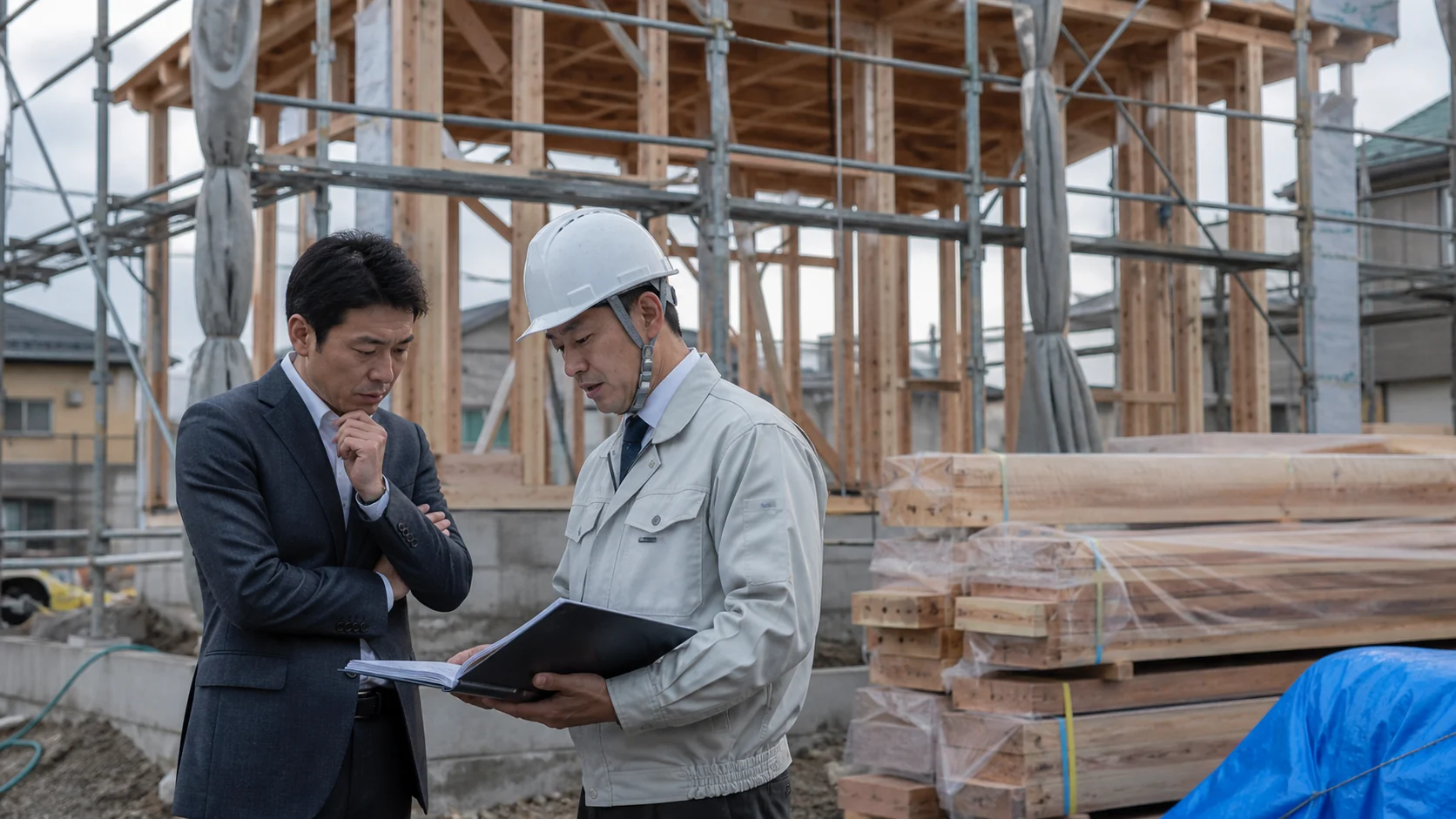 建築工事会社の経営者が遅延現場で未成工事原価と工程を確認する場面