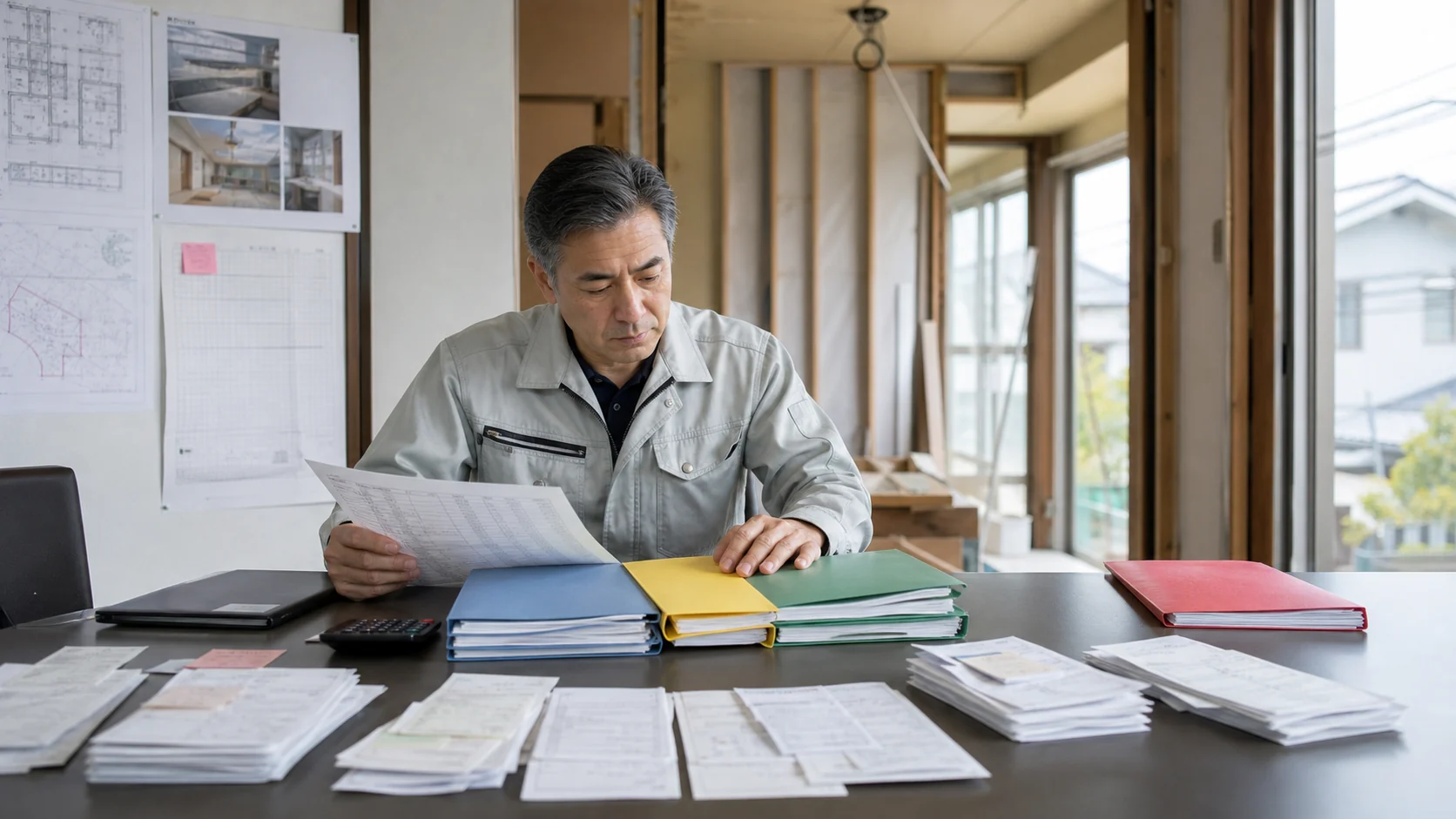 内装工事会社の経営者が混在した工事別前受金と支払伝票を整理する場面