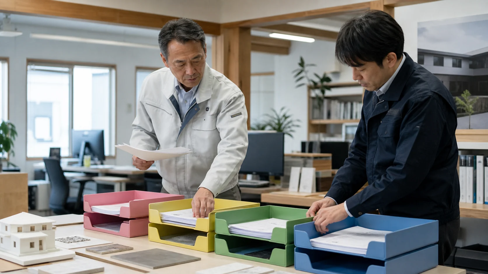 内装工事会社の経営者と工事担当者が完工必要資金を確認する会議