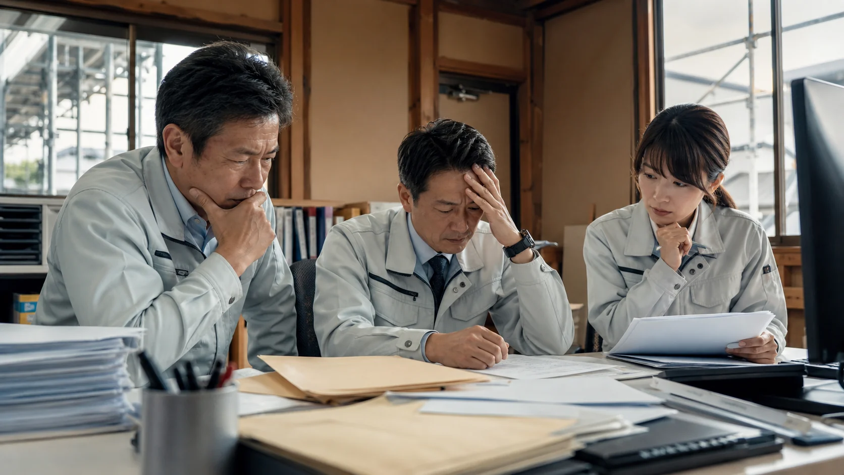建設会社の経営者、現場責任者、経理担当が追加工事・外注・発注資料を照合する場面