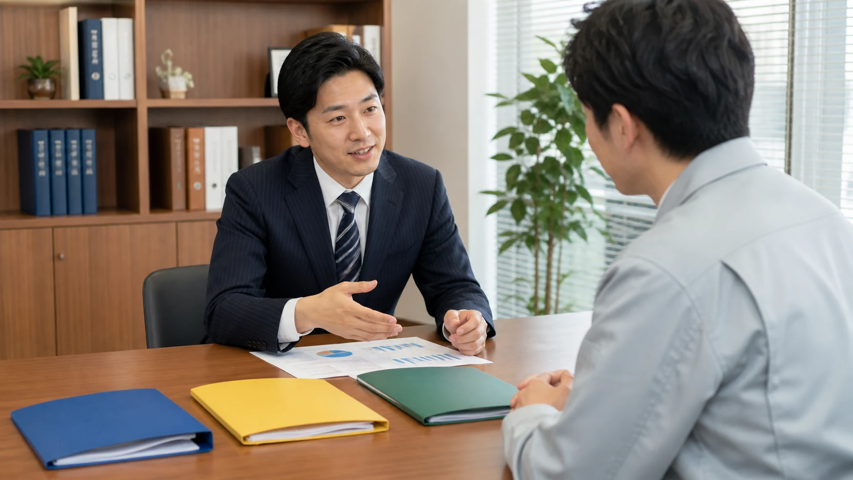 経営者、財務担当者、銀行担当者が担保・保証・事業性資料を確認する会議