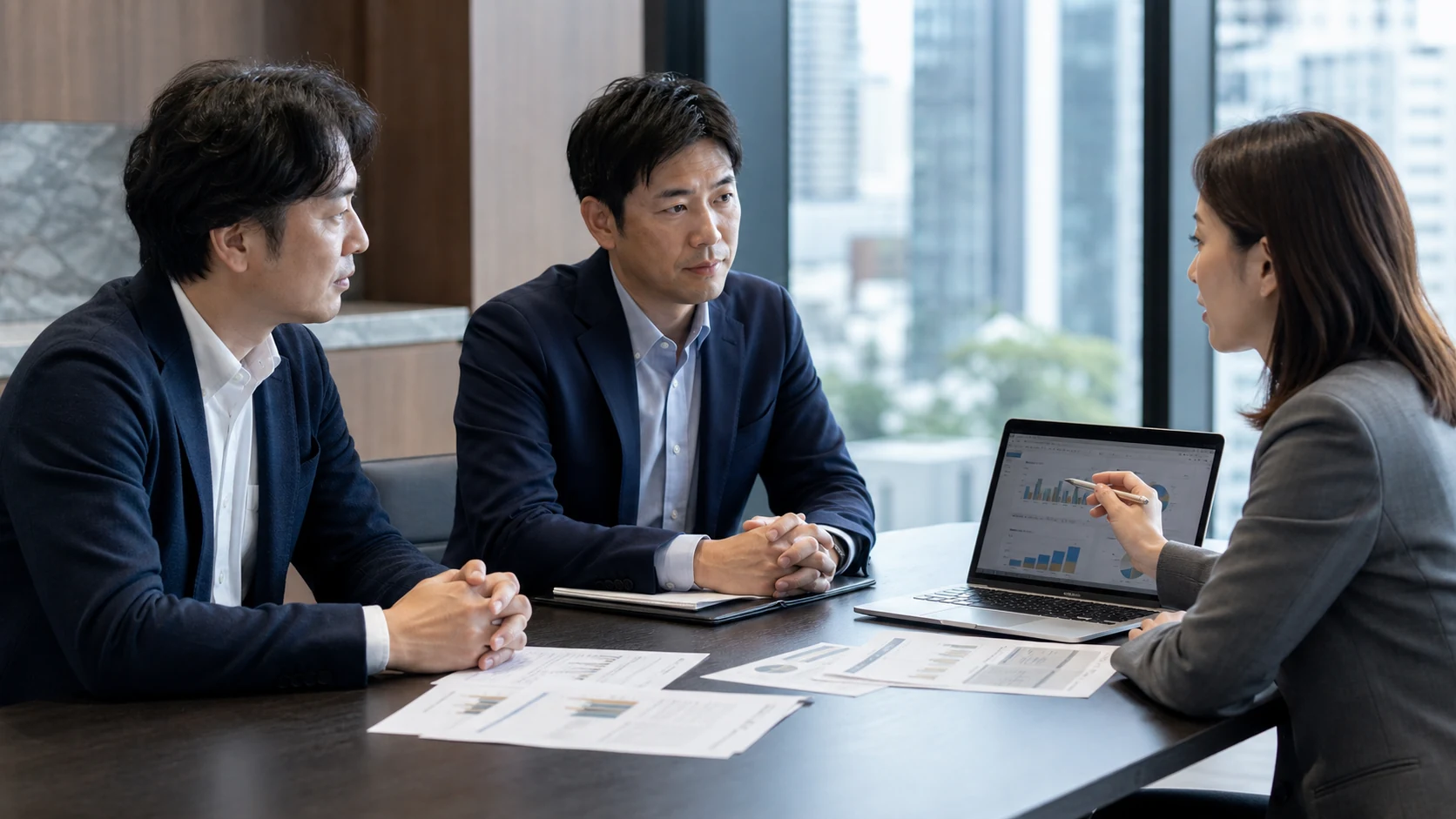 中小企業の経営者、財務担当者、金融機関担当者が融資枠の利用条件と更新・代替策を確認する会議