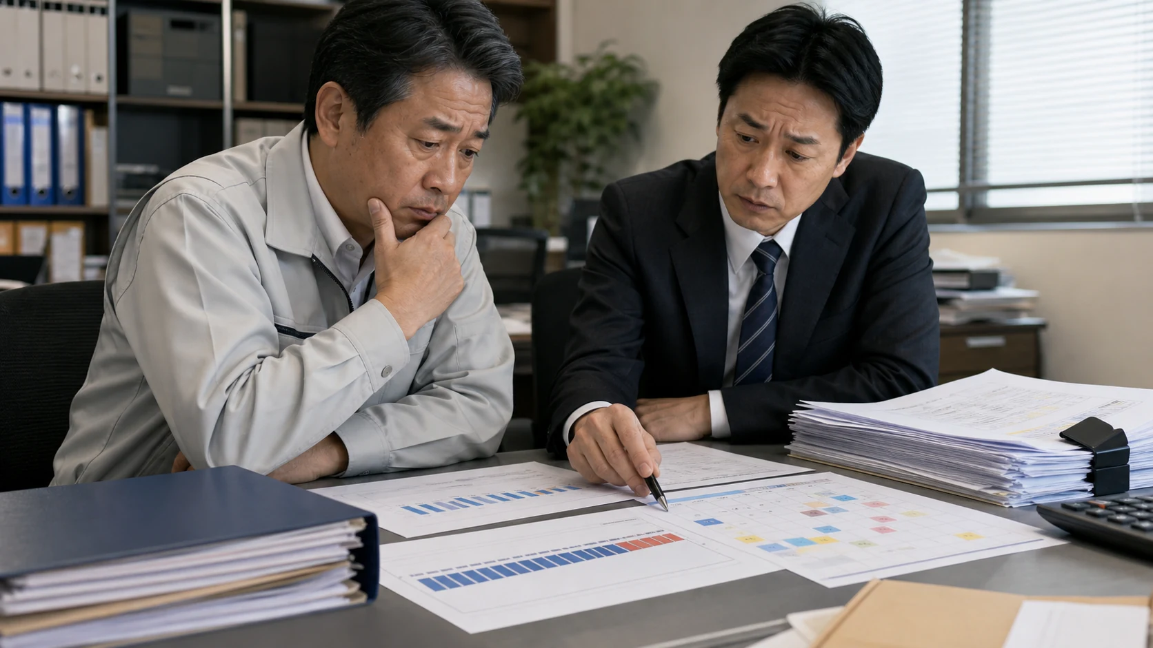 中小企業の経営者と財務担当者が融資枠の利用額、未使用額、更新期限と支払予定を確認する場面