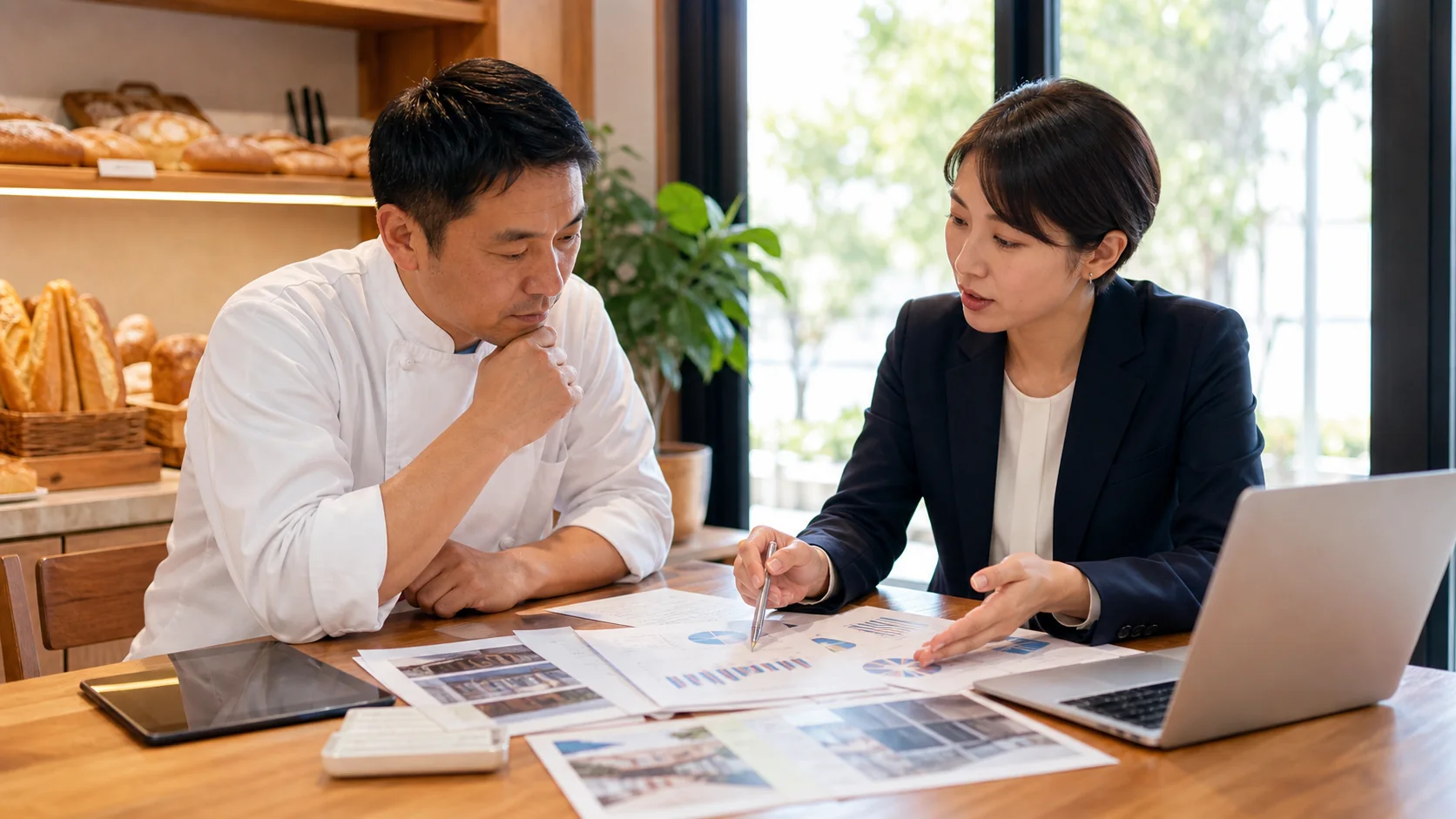 製パン工場の経営者と資金調達アドバイザーが省エネ設備資金を比較する会議