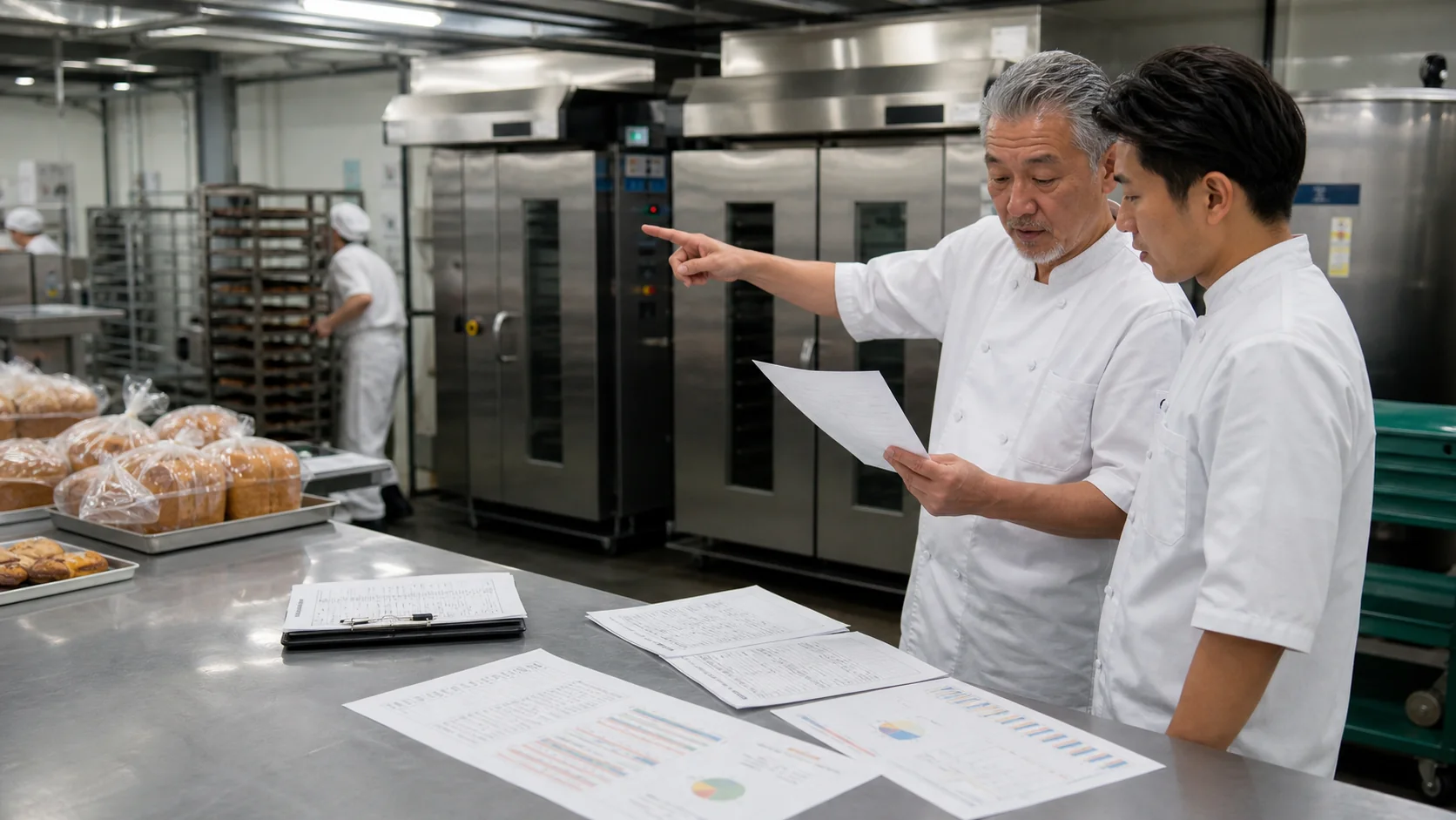 製パン工場の経営者がオーブン設備と電気ガス請求を確認する場面