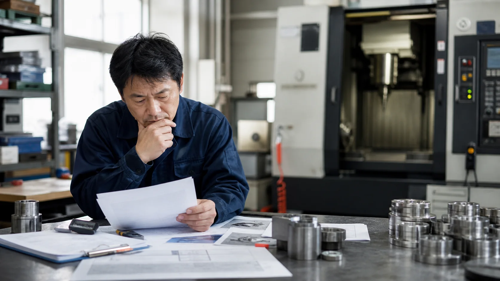 精密加工会社の経営者が工場で材料費と受注別付加価値を確認する場面