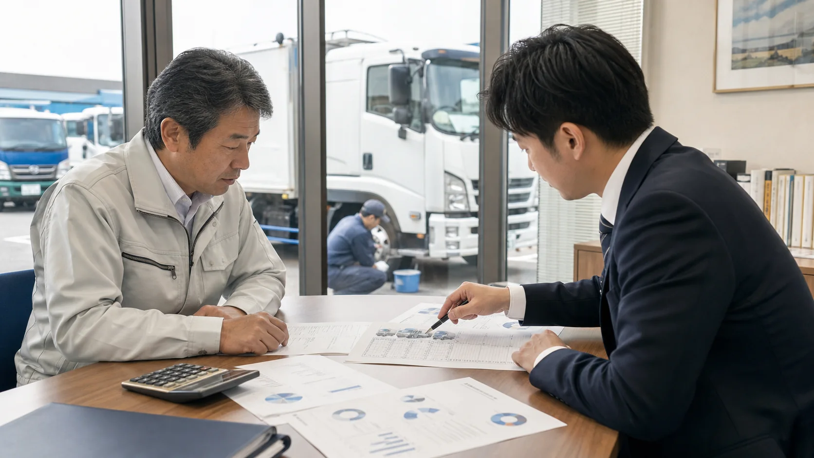 運送会社の経営者と銀行担当者が車両稼働、残債、更新資金を確認する会議