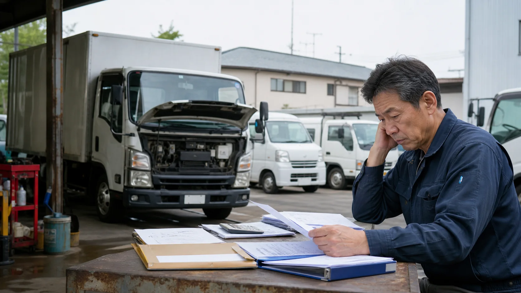 運送会社の担当者が車両台帳、車検証、残債、配車記録を照合する場面
