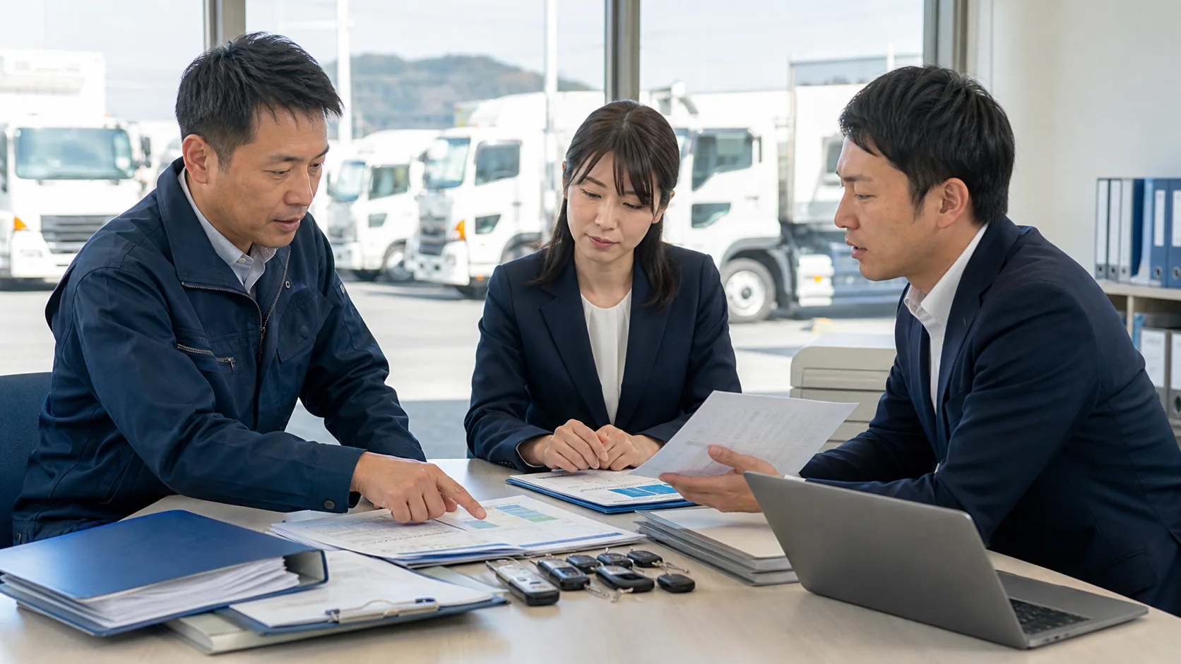 運送会社の経営会議で車両の稼働、残債、更新資金を確認する場面