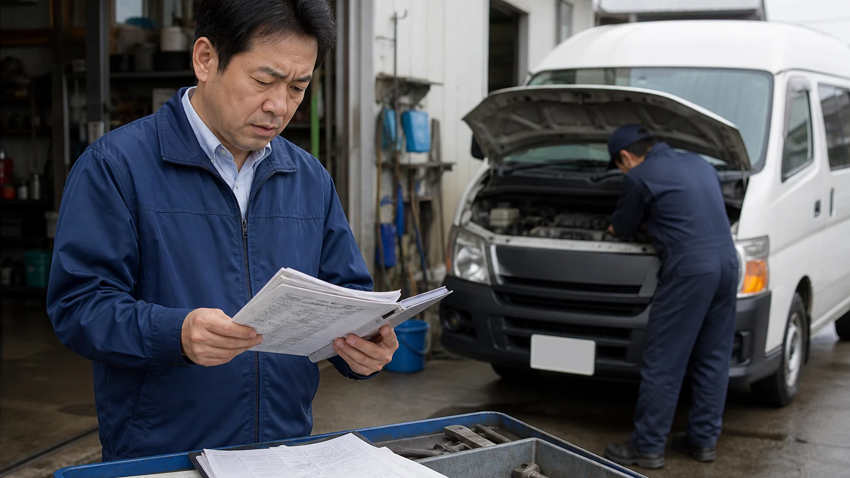訪問メンテナンス会社の車両管理者が走行記録と整備履歴を確認する場面