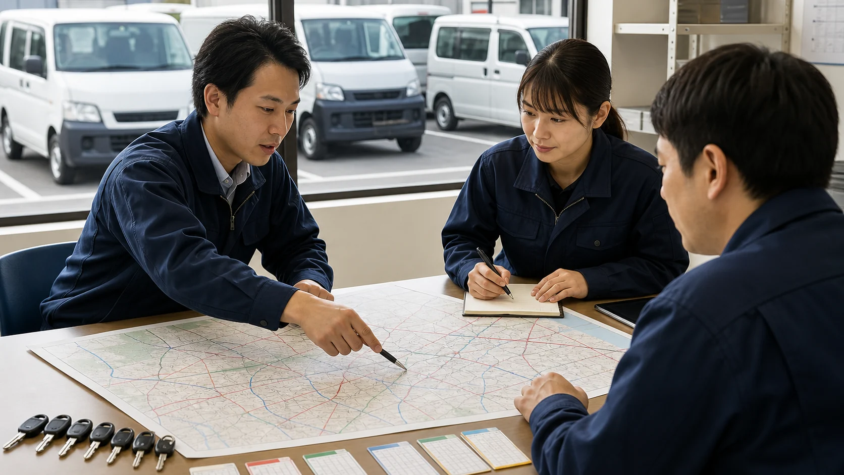 訪問メンテナンス会社の配車会議で稼働率と更新案を比較する場面