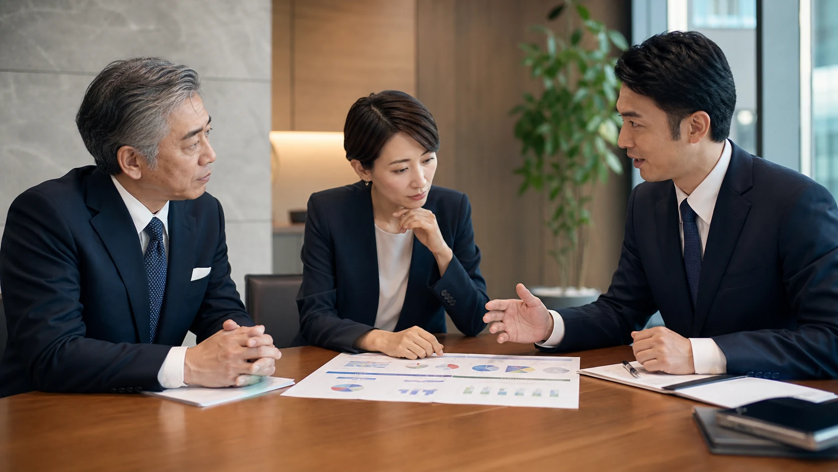 経営者、財務担当者、銀行担当者が借入金利と総費用を確認する会議