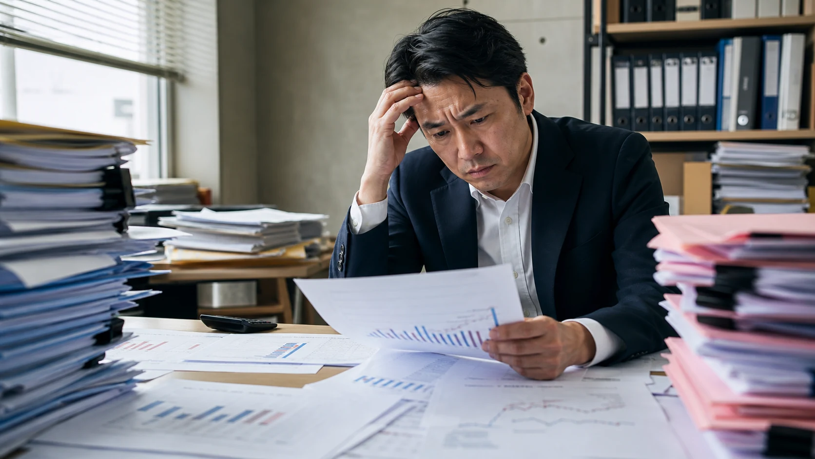 中小企業の経営者と財務担当者が借入ごとの残高、満期、毎月返済を確認する場面