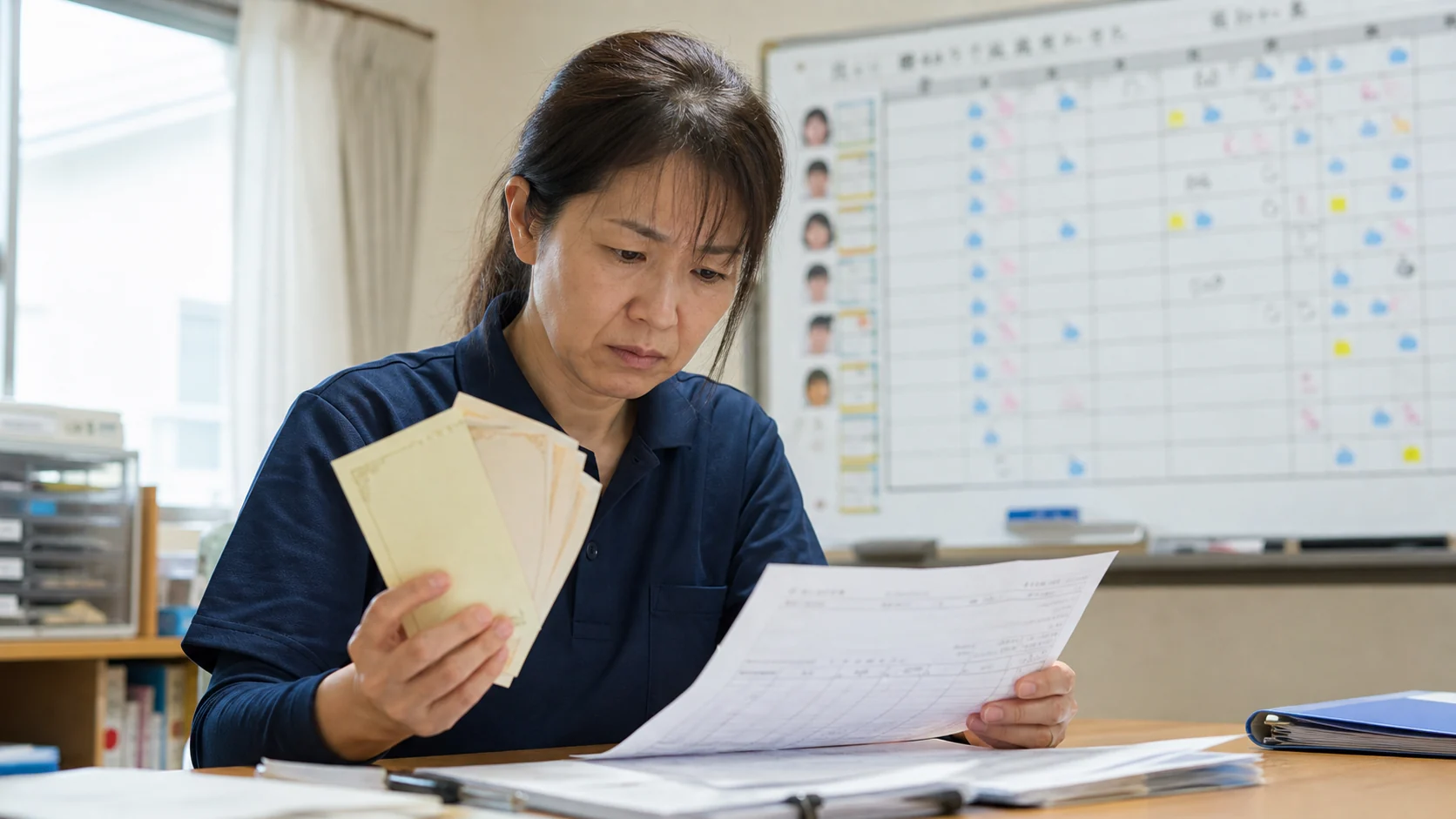 介護サービス会社の管理者が福利厚生施策別の利用資料を照合する場面